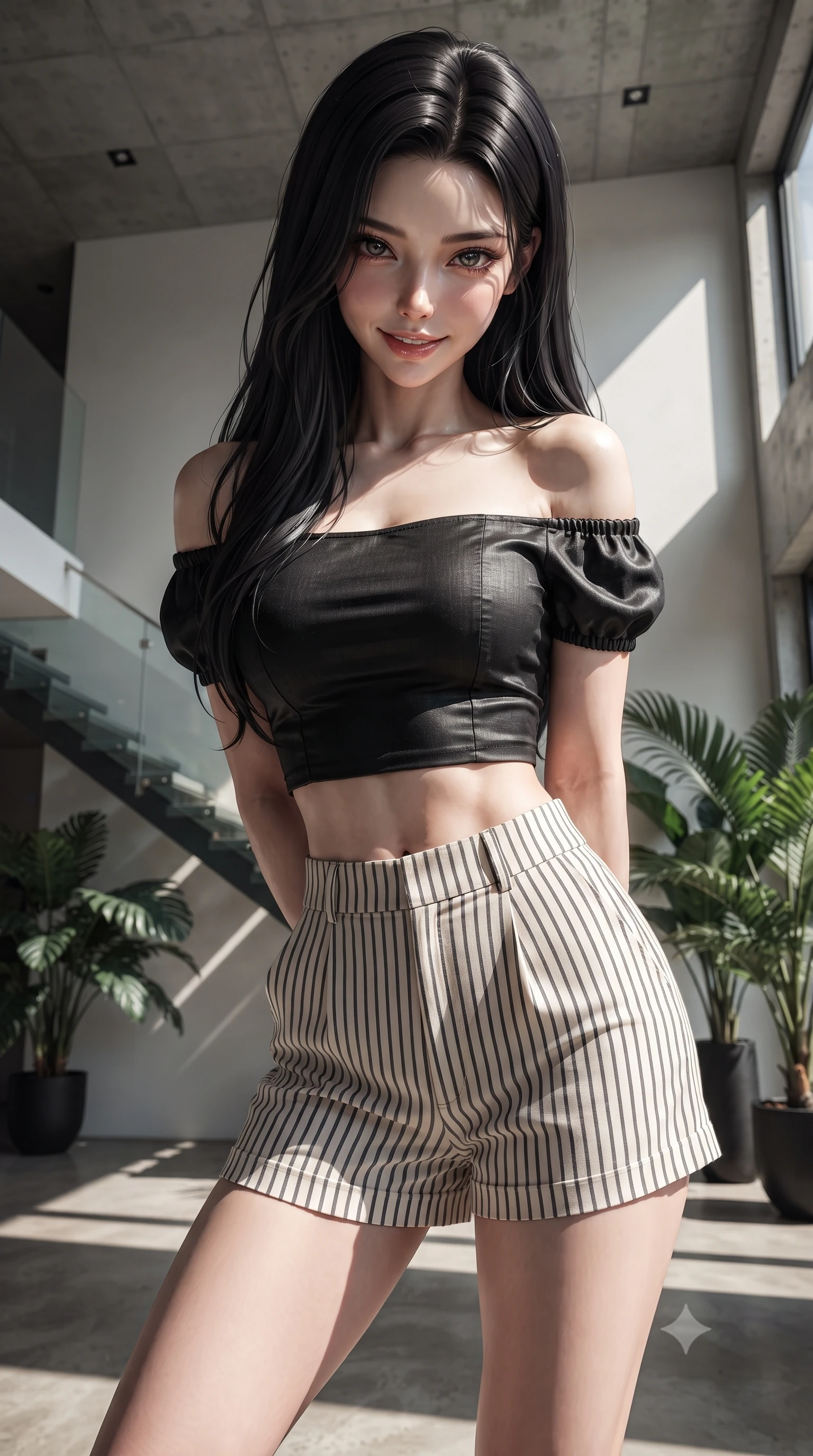 score_9, masterpiece, best quality, ultra-detailed, high-budget anime keyframe, editorial fashion photography, tasteful artistic composition, Korean woman woman. close-up cowboy shot from the waist and thighs up, the character dominates the composition, filling the frame with her large presence, background elements kept in soft focus. leaning slightly forward with a playful, teasing smile, her gaze locked onto the viewer the background shows a soft-focus a modern villa interior with high concrete ceilings, glass stairs, and plants. She has an exceptionally elegant, slender, and willowy female figure with an ultra-slim waist, a gracefully sculpted slender torso, and a refined silhouette. sharp v-shaped jawline, high-bridge nose, intricate jewel-like eyes with depth, thick eyelashes, glossy lips with a natural sheen. wearing a body-hugging chic off-shoulder crop top in black linen, paired with high-waisted striped resort shorts. stark afternoon sunbeams slicing through high windows, creating chiaroscuro shadows. ultra-reflective glossy finish, specular highlights, metallic sheen, high-contrast stereoscopic depth, volumetric dynamic lighting, 2k, ultra detail, master piece, 9:16 ratio