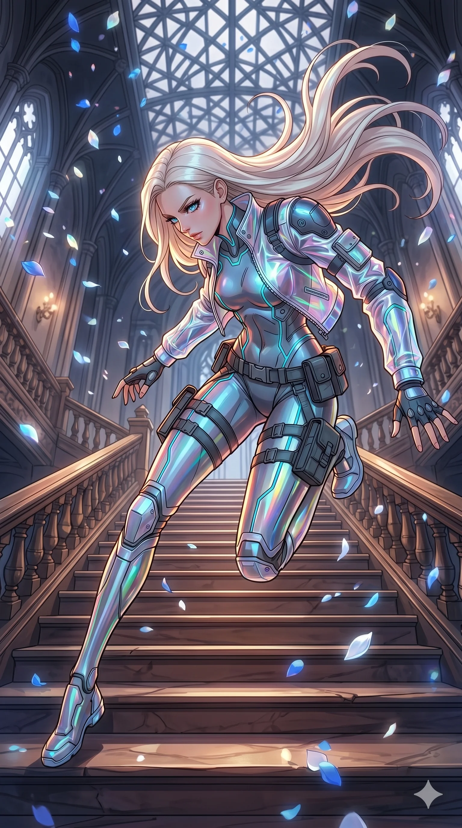 score_9, masterpiece, best quality, ultra-detailed, high-budget anime movie keyframe, cinematic anime lighting, intricate line art, Caucasian (strictly human ears) anime girl. Extreme high angle shot as she leaps towards the camera, filling the frame. collapsing onto a grand staircase as petals fall from the ceiling. She has an absolutely perfect 8-heads proportion, an exceptionally tall and slender female figure with an ultra-slim waist and impossibly long slender legs. strictly human anatomy, two legs only, no extra limbs, clearly defined legs and arms, perfect anatomy, perfect hands and fingers. sharp v-shaped jawline, high-bridge nose, intricate jewel-like eyes, thick eyelashes, glossy lips. Wearing Tech-Fantasy: Cybernetic tech-suit with glowing seams, translucent PVC over leotard, and modular tactical gear. The scene is illuminated by dramatic atmospheric lighting and vibrant color palettes. , 2k, ultra detail, master piece, 9:16 ratio