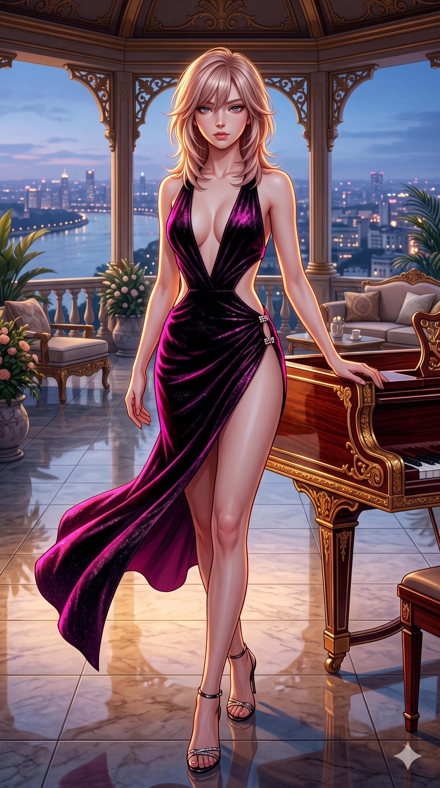 score_9, masterpiece, best quality, ultra-detailed, high-budget anime keyframe, semi-realistic 3D game render, editorial fashion photography, tasteful artistic composition, Japanese woman. low angle full-body shot from head to toe showing her feet, filling the entire 9:16 vertical frame with her statuesque presence, stretching her vertical silhouette. striding across the penthouse terrace as river breezes whip her high-slit dress open, accentuating her long slender legs and curvy hips while lounging poised beside the mirror-polished rosewood harpsichord, arching her spine with dancer-like elegance while resting one hand on the gilded instrument lid. The surrounding environment is rendered in vivid detail and crisp panoramic clarity: detailed mermaid gown tailoring, architectural open-waist cutouts, and vintage aristocratic furnishings in razor-sharp precision. She has an exceptionally tall and slender model-like 8.5-heads proportion, an ultra-slim waist, a flat toned midriff, narrow delicate ribcage, and beautifully sculpted feminine hips creating a graceful, slim hourglass silhouette without any bulky heaviness, with impossibly long slender legs. sharp v-shaped jawline, high-bridge nose, intricate jewel-like sparkling eyes with depth, thick eyelashes, glossy parted lips with a natural sheen, intensely captivating and seductive bedroom-eyes expression, exuding both youthful cute charm and sovereign luxury allure, flawlessly proportioned anatomical accuracy, strict slender model proportions, natural body alignment, perfectly sculpted long slender limbs, ultra-slim waistline, clean dynamic posture without body distortion. wearing a backless crushed velvet mini dress with a deep plunging neckline and hip-high thigh slit in black lacquer and vibrant magenta neon, woven from high-density tech-wool with subtle metallic thread weave, finished with an ultra-high side slit secured by miniature jeweled clasps, the high-slit wrap tailoring accentuating her ultra-slim waistline and the enchanting curve of her feminine hips with alluring seductive charm. illuminated by polished rosewood bounce and sharp amber-gold rim lights sculpting her razor-sharp jawline, narrow waist, and curvy hips. highly saturated vibrant anime colors, detailed shading with soft gradients, rich glossy textures, high-contrast stereoscopic depth, volumetric dynamic lighting, master piece, 9:16 ratio