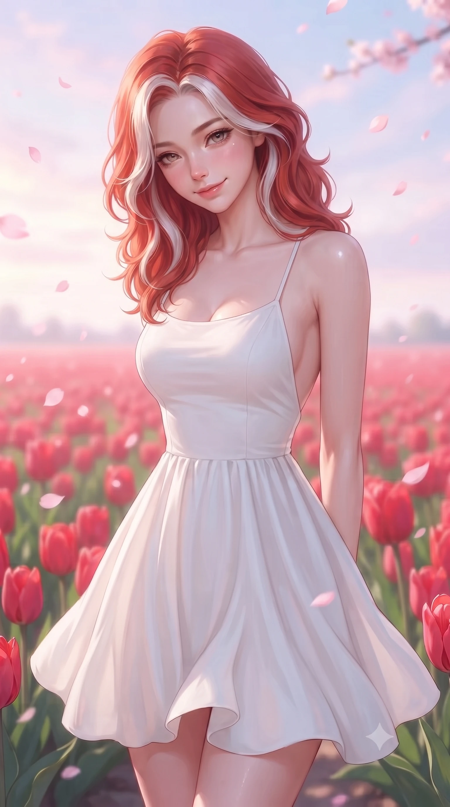 score_9, masterpiece, best quality, ultra-detailed, high-budget anime keyframe, editorial fashion photography, tasteful artistic composition, Caucasian woman. close-up cowboy shot from the waist and thighs up, the character dominates the composition, filling the frame with her large presence, background elements kept in soft focus. tilting her chin down slightly, looking up at the viewer with a deeply charming, smoldering gaze set against a soft-focus background of in a bright field of red tulips stretching to the horizon catching falling pink cherry blossom petals with a delighted look. She has an exceptionally elegant, slender, and willowy female figure with an ultra-slim waist, a gracefully sculpted slender torso, and a refined silhouette. sharp v-shaped jawline, high-bridge nose, intricate jewel-like eyes with depth, thick eyelashes, glossy lips with a natural sheen. wearing form-contouring backless cotton sundress in white, featuring delicate straps and a long flowing skirt. soft diffused daylight creating a dreamy, pastel-colored country glow. ultra-reflective glossy finish, specular highlights, metallic sheen, high-contrast stereoscopic depth, volumetric dynamic lighting, 2k, ultra detail, master piece, 9:16 ratio