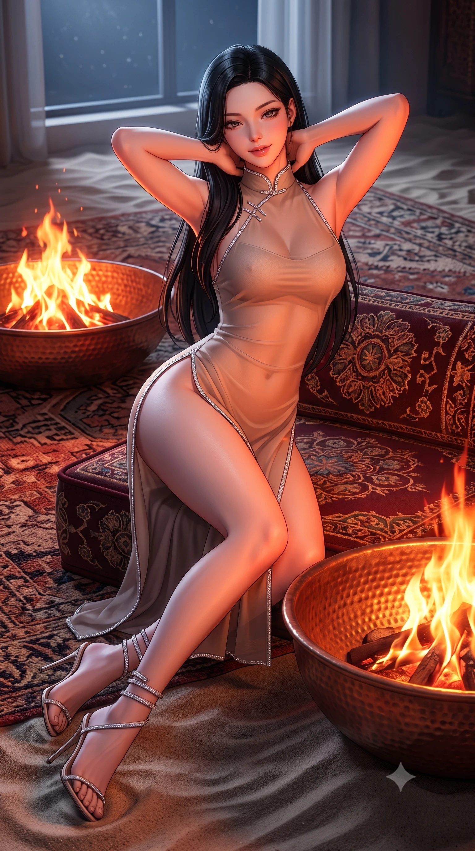 score_9, masterpiece, best quality, ultra-detailed, high-budget anime keyframe, semi-realistic 3D game render, editorial fashion photography, tasteful artistic composition, Korean woman. close-up cowboy shot from the waist and thighs up, the character dominates the composition, filling the frame with her large presence. resting both hands lightly behind her neck with elbows raised, arching her spine to highlight her narrow waist, flat midriff, and breathtaking collarbones while lounging gracefully across the low embroidered velvet majlis seating, arching her lower back to emphasize her curvy hips beside the roaring copper fire bowl. The surrounding environment is rendered in vivid detail and crisp panoramic clarity: sharp handwoven kilim wool rug textures, hammered copper fire bowl rim, and fine sand grain ripples in deep focus. She has an exceptionally elegant, slender, and willowy female figure with an ultra-slim waist, flat toned midriff, narrow ribcage, and sculpted feminine hips creating an alluring, slim hourglass silhouette without bulk. sharp v-shaped jawline, high-bridge nose, sparkling eyes with hypnotic seductive depth, thick curled eyelashes, glossy parted lips with a natural dewy peach sheen, alluring bedroom-eyes with an enchanting coquettish smile, exuding magnetic siren charisma and sophisticated glamour, flawlessly proportioned anatomical accuracy, strict slender model proportions, natural body alignment, perfectly sculpted long slender limbs, ultra-slim waistline, clean dynamic posture without body distortion. wearing a modern cheongsam-inspired sheer mesh dress with high mandarin collar and daring hip-high double side slits in sheer dusky champagne and glistening crystal trims, tailored from fine structural neoprene with crisp architectural edges and smooth contouring, complemented by strappy stiletto sandals with crystal ankle wraps accentuating her slender calves, the high-slit wrap tailoring accentuating her ultra-slim waistline and the enchanting curve of her feminine hips with alluring seductive charm. bathed in the intense warm amber and crimson flicker of open campfire flames mixed with pure silver moonlight. highly saturated vibrant anime colors, detailed shading with soft gradients, rich glossy textures, high-contrast stereoscopic depth, volumetric dynamic lighting, master piece, 9:16 ratio