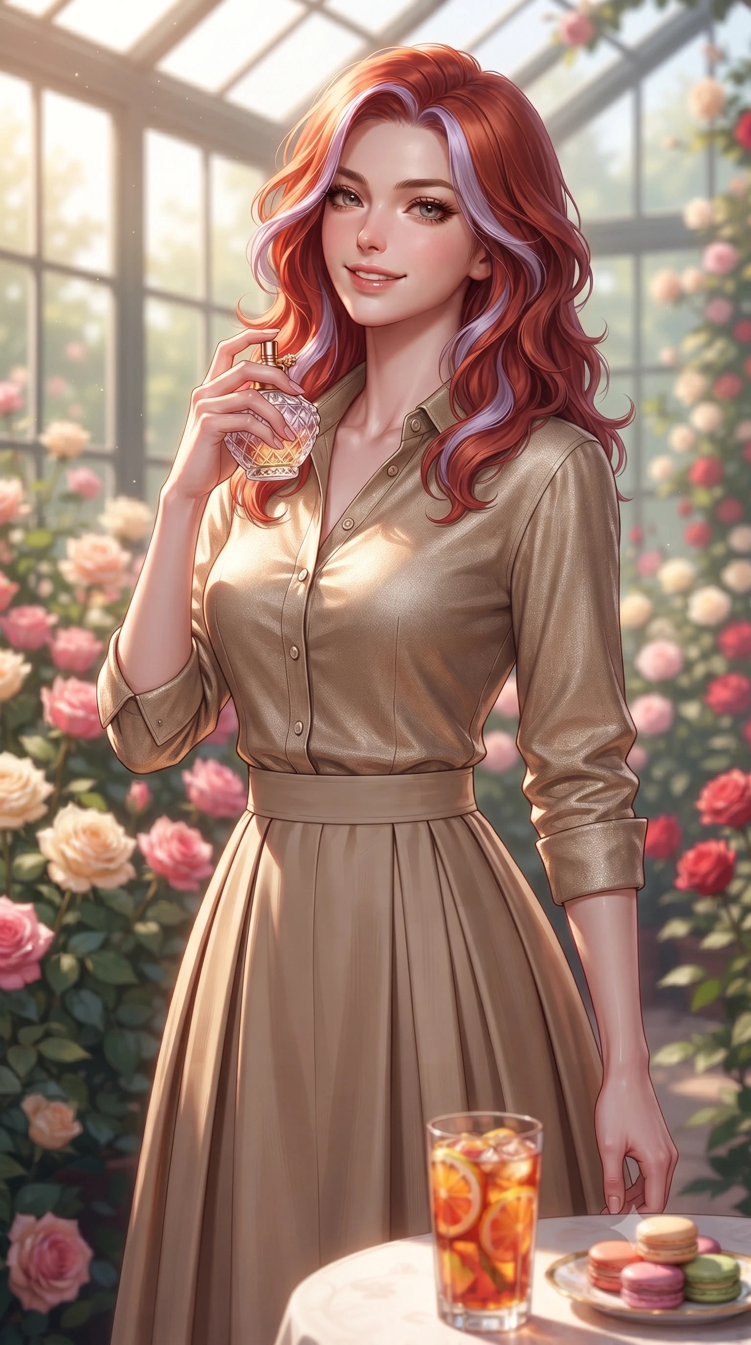 score_9, masterpiece, best quality, ultra-detailed, high-budget anime keyframe, editorial fashion photography, tasteful artistic composition, Caucasian woman. close-up cowboy shot from the waist and thighs up, the character dominates the composition, filling the frame with her large presence, background elements kept in soft focus. holding a vintage perfume bottle to her neck, smiling with quiet magnetic self-assurance set against a soft-focus background of inside an exclusive rose conservatory with a glass of iced fruit tea and delicate macaron pastries arranged on the table. She has an exceptionally elegant, slender, and willowy female figure with an ultra-slim waist, a gracefully sculpted slender torso, and a refined silhouette. sharp v-shaped jawline, high-bridge nose, intricate jewel-like eyes with depth, thick eyelashes, glossy lips with a natural sheen. wearing form-contouring warm beige metallic jersey casual linen button-down shirt paired with a flowy pleated midi skirt featuring refined tailored seams. accented by a single dramatic key light highlighting her statuesque posture and slim waist. highly saturated vibrant anime colors, detailed shading with soft gradients, rich glossy textures, high-contrast stereoscopic depth, volumetric dynamic lighting, master piece, 9:16 ratio
