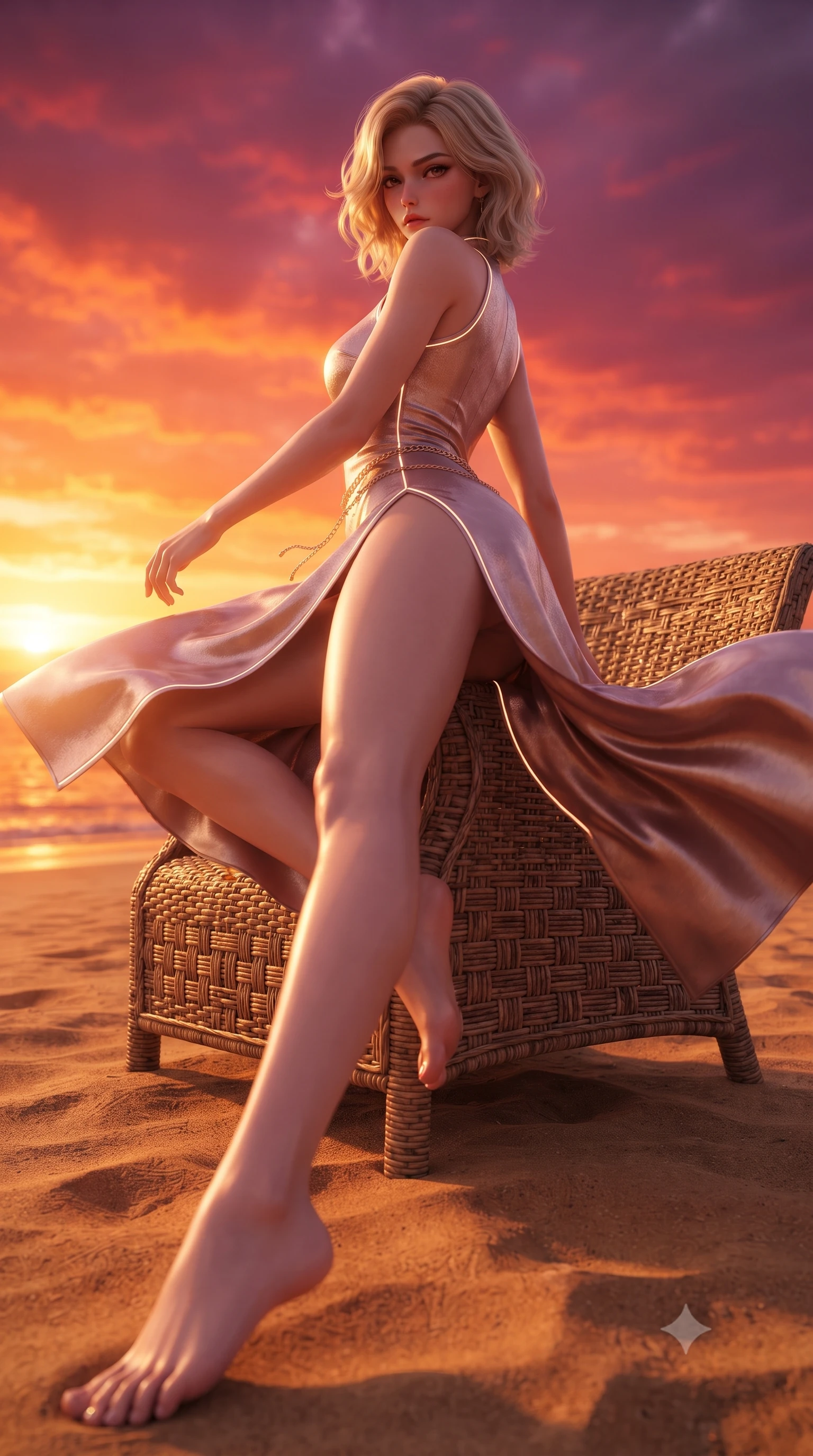 score_9, masterpiece, best quality, ultra-detailed, high-budget anime keyframe, editorial fashion photography, tasteful artistic composition, Caucasian woman. low angle full-body shot from head to toe showing her feet, filling the entire 9:16 vertical frame with her statuesque presence, stretching her vertical silhouette. executing an elegant mid-motion pivot turn as garments swirl around her slender limbs, glancing over her shoulder with an intoxicating bedroom-gaze while reclining across a low woven rattan camp chair on the ochre sand, her slender waist and feminine curves sculpted by warm crimson twilight. The surrounding environment is rendered in vivid detail and crisp panoramic clarity. detailed linen and silk gown weave, sunset specular sheen on skin, and endless Madagascar horizon in high clarity. She has an exceptionally tall and slender model-like 8.5-heads proportion, an ultra-slim waist, a flat toned midriff, narrow delicate ribcage, and beautifully sculpted feminine hips creating a graceful, slim hourglass silhouette without any bulky heaviness, with impossibly long slender legs. sharp v-shaped jawline, high-bridge nose, intricate jewel-like eyes with depth, thick eyelashes, glossy parted lips with a natural sheen, intensely captivating and seductive bedroom-eyes expression, flawlessly proportioned anatomical accuracy, strict slender model proportions, natural body alignment, perfectly sculpted long slender limbs, ultra-slim waistline, clean dynamic posture without body distortion. wearing a modernized cyber-qipao mini dress with an ultra-high side slit ascending to the hip and glowing piping in dusky blush rose and champagne shimmer, crafted from luxurious metallic lamé that shifts radiance with every step, accented with a delicate gold chain belt resting loosely on her curvy hips, the glove-like aerodynamic silhouette tightly following the natural contour of her hips and long slender legs with statuesque 8.5-heads elegance. bathed in breathtaking African sunset backlighting in rich shades of fire-orange and deep magenta. ultra-reflective glossy finish, specular highlights, rich textural contrasts, high-contrast stereoscopic depth, volumetric dynamic lighting, 2k, ultra detail, master piece, 9:16 ratio