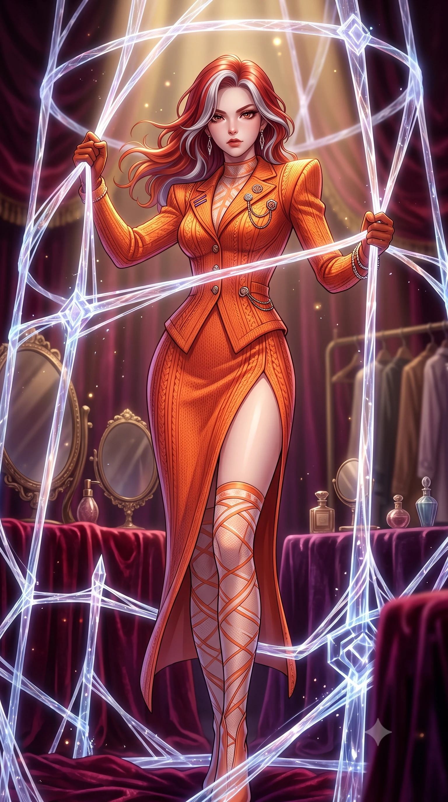 score_9, masterpiece, best quality, ultra-detailed, High-budget Anime Keyframe, Caucasian woman, strictly human ears. Low angle cowboy shot filling the entire 9:16 frame with her statuesque presence. Scenario 537: trapped in a cage of glowing crystalline fibers, her body pressing against the bars, in a velvet-lined dressing room illuminated by soft golden spotlights. Her presence is magnetic and overpowering in this high-budget anime scene. Outfit 537: a tailored sunset orange bodycon knit jacket featuring a high-slit skirt and structured shoulders. The clothing is designed to emphasize her exceptionally tall and slender 8-heads proportion. 8-heads proportion, towering silhouette, ultra-slim waist. sharp v-shaped jawline, intricate jewel-like eyes with depth, thick eyelashes, glossy lips. 2k, ultra detail, master piece, 9:16 ratio