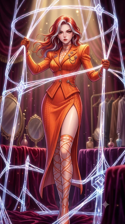 score_9, masterpiece, best quality, ultra-detailed, High-budget Anime Keyframe, Caucasian woman, strictly human ears. Low angle cowboy shot filling the entire 9:16 frame with her statuesque presence. Scenario 537: trapped in a cage of glowing crystal