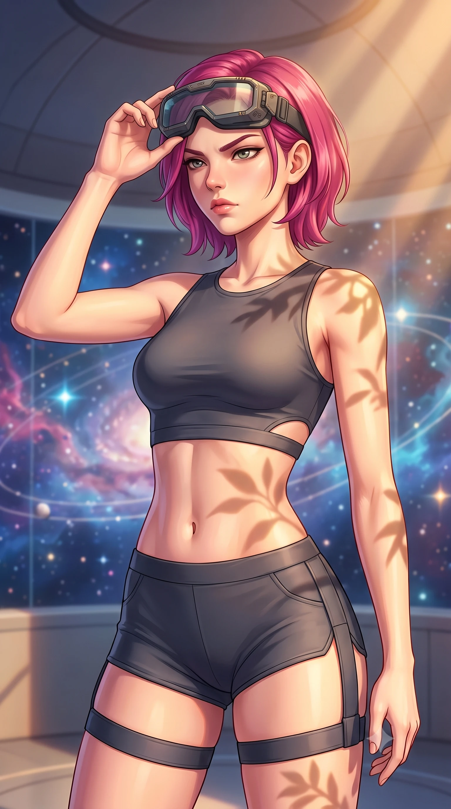 score_9, masterpiece, best quality, ultra-detailed, high-budget anime keyframe, editorial fashion photography, tasteful artistic composition, Caucasian woman, strictly human ears. close-up cowboy shot from the waist and thighs up, the character dominates the composition, filling the frame with her large presence, background elements kept in soft focus. Adjusting her tactical visor with one hand, eyes narrowed in sharp concentration at the target. set against a soft-focus background of inside a circular dome where the walls project a 360-degree virtual space-nebula, stars orbiting in real time. She has an exceptionally elegant and slender, willowy female figure with an ultra-slim waist, a gracefully sculpted slender torso, and a refined slim physique. sharp v-shaped jawline, high-bridge nose, intricate jewel-like eyes with depth, thick eyelashes, glossy lips with a natural sheen. wearing catching and diffusing the glowing particles, shimmering softly in response to the surrounding light, a form-contouring cyber-tactical crop top in dark grey with a subtle waist cutout, paired with matching high-cut shorts and thigh straps. highly saturated vibrant anime colors, intense vivid color palette, soft 3D volumetric shading, volumetric dynamic lighting, warm golden afternoon sunbeams casting soft organic leaf shadows across her skin. 2k, ultra detail, master piece, 9:16 ratio