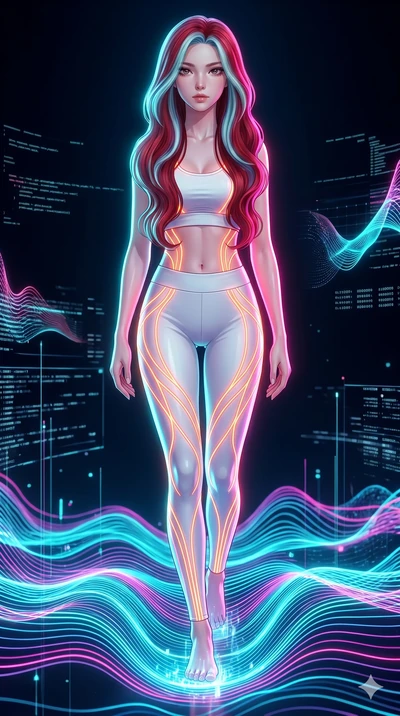 score_9, masterpiece, best quality, ultra-detailed, high-budget anime keyframe, Japanese woman. upper body close-up from the thighs up, character filling the screen for maximum presence. stepping on holographic fluid ribbons of sound that ripple with
