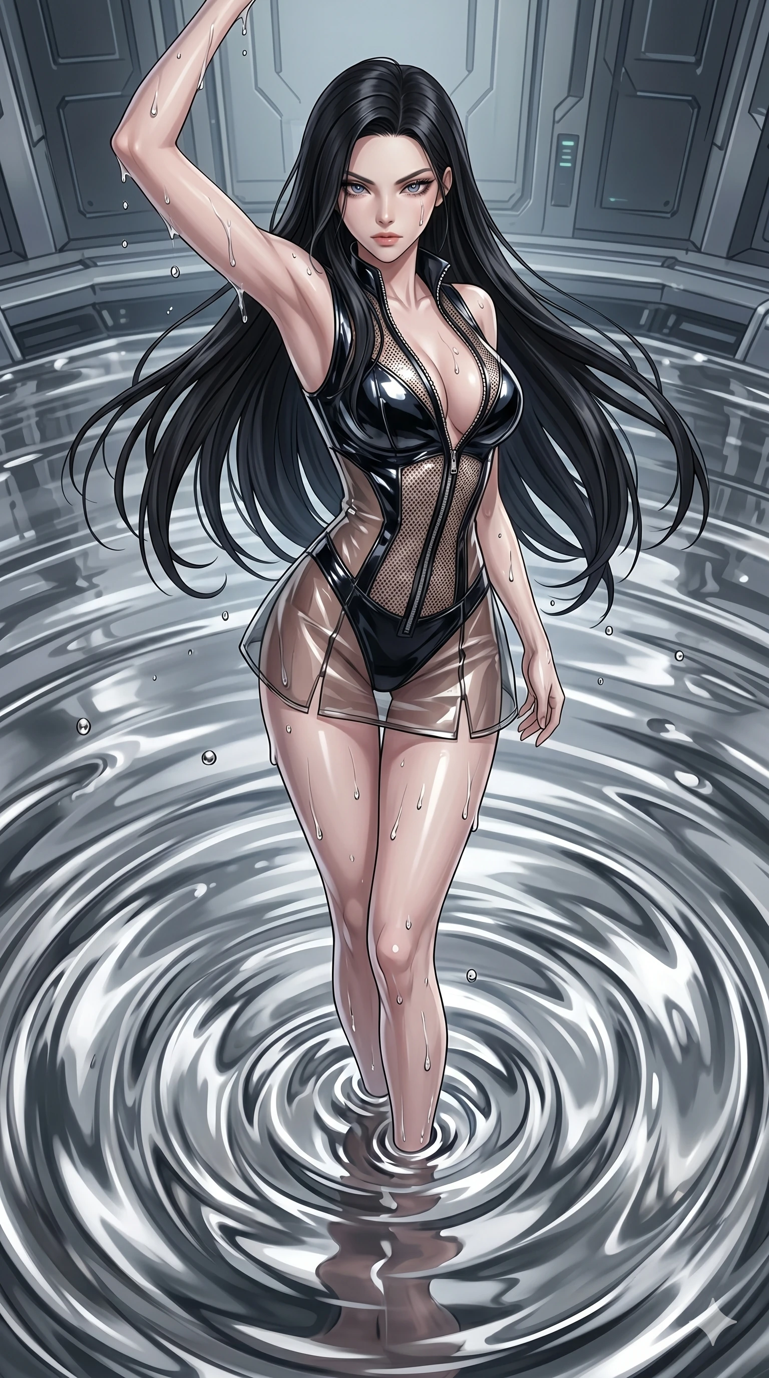 score_9, masterpiece, best quality, ultra-detailed, High-budget Anime Keyframe, East Asian woman. Dynamic full-body shot stretching the vertical silhouette to the limit. Scenario 54: Rising from a pool of mercury-like liquid, droplets rolling off her skin. Her presence is magnetic and overpowering in this high-budget anime scene. Outfit 54: A patent leather micro-mesh with a unzipped detail and translucent layers. The clothing is designed to emphasize her exceptionally tall and slender 8-heads proportion. 8-heads proportion, towering silhouette, ultra-slim waist. sharp v-shaped jawline, intricate jewel-like eyes with depth, thick eyelashes, glossy lips. 2k, ultra detail, master piece, 9:16 ratio