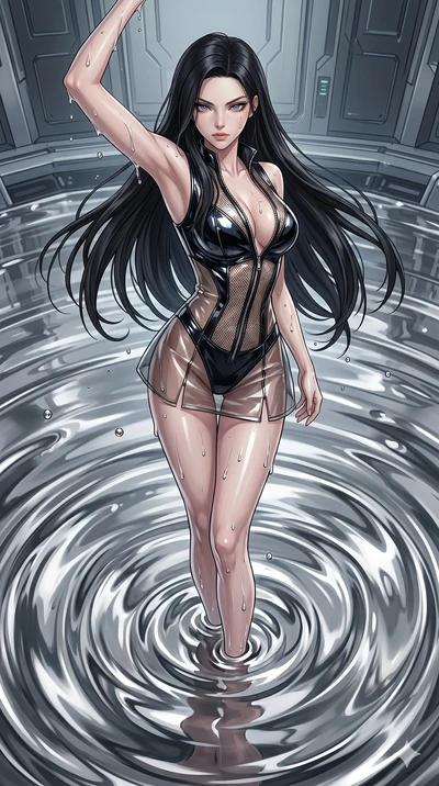 score_9, masterpiece, best quality, ultra-detailed, High-budget Anime Keyframe, East Asian woman. Dynamic full-body shot stretching the vertical silhouette to the limit. Scenario 54: Rising from a pool of mercury-like liquid, droplets rolling off her