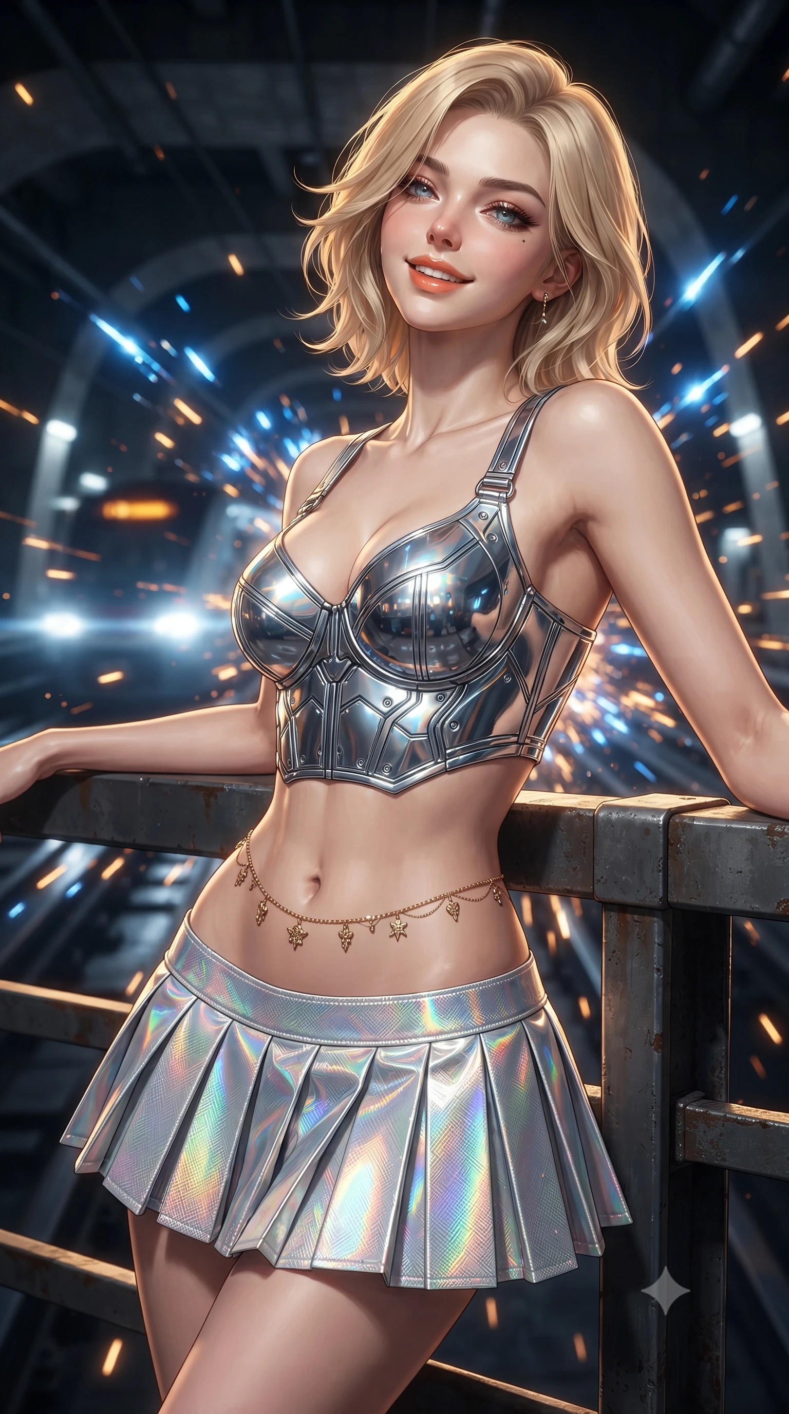 score_9, masterpiece, best quality, ultra-detailed, high-budget anime keyframe, editorial fashion photography, tasteful artistic composition, Caucasian woman. close-up cowboy shot from the waist and thighs up, the character dominates the composition, filling the frame with her large presence. leaning back against the balustrade with relaxed seductive grace, head tilted back slightly while casting a hypnotic, heavy-lidded gaze while leaning against the heavy reinforced steel railing with hips cocked back, looking through shower of magnetic track sparks with intoxicating bedroom-eyes. The background shows a soft-focus streaks of high-speed maglev train headlights, showering blue magnetic sparks, and massive brutalist concrete vaults blurred into cobalt, diamond, and amber bokeh. She has an exceptionally elegant, slender, and willowy female figure with an ultra-slim waist, flat toned midriff, narrow ribcage, and sculpted feminine hips creating an alluring, slim hourglass silhouette without bulk. sharp v-shaped jawline, high-bridge nose, intricate jewel-like sparkling eyes with depth, thick eyelashes, glossy parted lips with a natural peach sheen, bright cheerful beaming smile with an enchanting and coquettish sensual glint, exuding both youthful cute charm and seductive allure, flawlessly proportioned anatomical accuracy, strict slender model proportions, natural body alignment, perfectly sculpted long slender limbs, ultra-slim waistline, clean dynamic posture without body distortion. wearing a chrome-plated tactical combat bustier top with reinforced underwire paired with a low-rise pleated micro combat skirt in holographic prismatic pearl and aerospace white, woven from structured carbon-fiber jacquard with rich textural depth, accented with a dainty gold belly chain resting across her flat midriff and curving hips, the form-contouring silhouette accentuating her sculpted flat midriff, narrow delicate ribcage, and gracefully curvy hips with intoxicating allure. bathed in high-contrast industrial sodium-vapor yellow lighting punctuated by bright blue electrical spark flashes. ultra-reflective glossy finish, specular highlights, rich textural contrasts, high-contrast stereoscopic depth, volumetric dynamic lighting, 2k, ultra detail, master piece, 9:16 ratio