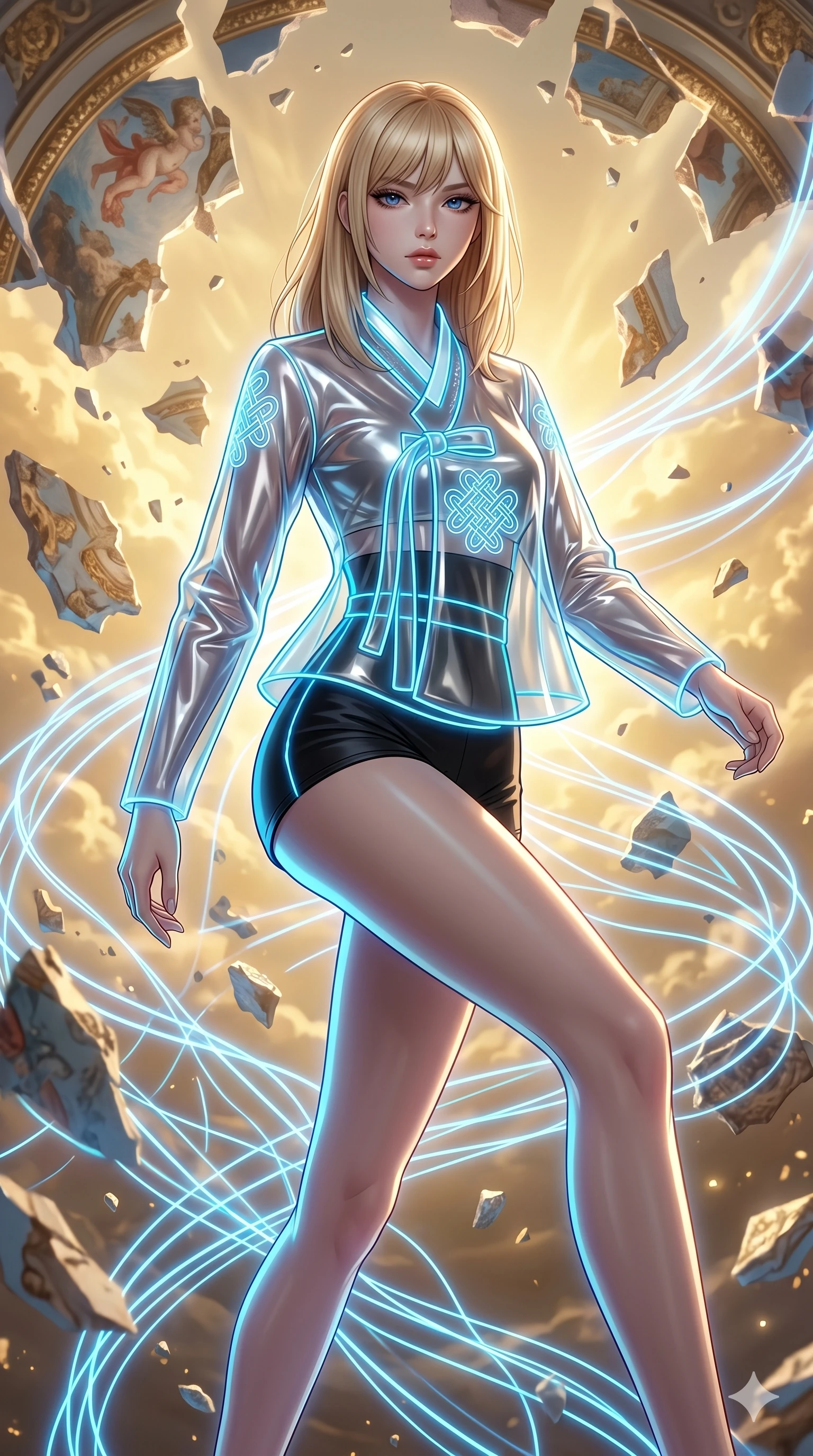 score_9, masterpiece, best quality, ultra-detailed, high-budget anime keyframe, editorial fashion photography, tasteful artistic composition, Japanese woman. upper body close-up from the thighs up, character filling the screen for maximum presence. stepping dynamically on amidst digital baroque ceiling fresco shards that float and reassemble in a golden sky as neon blue fluid lines follow her path like light trails. She has an absolutely perfect 8-heads proportion, an exceptionally tall and slender female figure with impossibly long slender legs and an ultra-slim waist. V-shaped jawline, high-bridge nose, intricate jewel-like eyes with depth, thick eyelashes, glossy lips with a natural sheen.. wearing a vinyl liquid silver fusion hanbok, featuring a translucent chrome-silver vinyl jeogori, high-waist black high-waist fitted shorts, and glowing neon wire trims with a refined V-neckline detail. bathed in brilliant cinematic volumetric lighting and intense neon rim light highlighting her slender form. 2k, ultra detail, master piece, 9:16 ratio