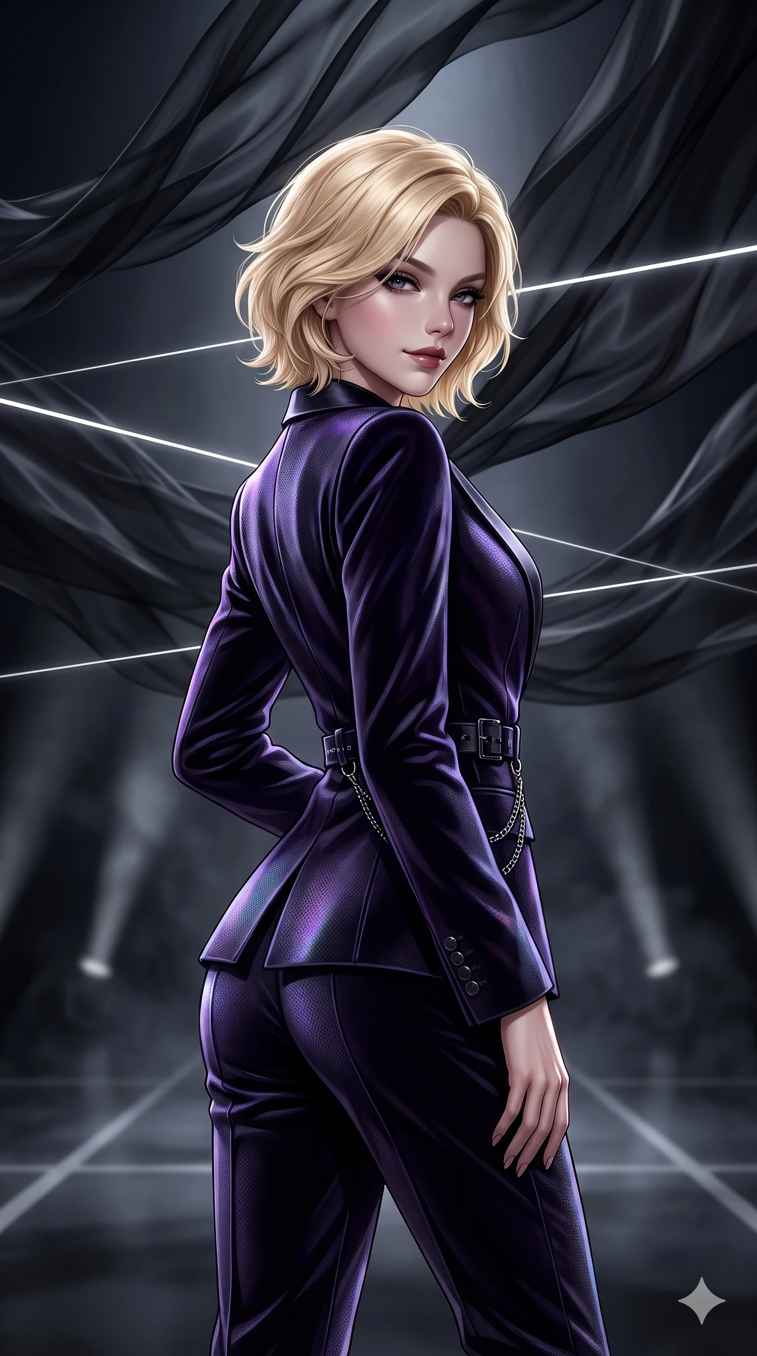 score_9, masterpiece, best quality, ultra-detailed, high-budget anime keyframe, semi-realistic 3D game render, editorial fashion photography, tasteful artistic composition, Caucasian woman. close-up cowboy shot from the waist and thighs up, the character dominates the composition, filling the frame with her large presence. glancing sidelong over her shoulder with a smoldering, enigmatic half-smile that commands the frame while standing beneath soaring suspended waves of translucent black silk, looking into the lens with an air of effortless superiority and dark allure. The background shows a soft-focus undulating black silk fabric waves suspended in mid-air, distant architectural spotlight cones, and white floor lines blurred into smoky charcoal and obsidian bokeh. She has an exceptionally elegant, slender, and willowy female figure with an ultra-slim waist, flat toned midriff, narrow ribcage, and sculpted feminine hips creating an alluring, slim hourglass silhouette without bulk. sharp v-shaped jawline, high-bridge nose, intricate jewel-like dark sparkling eyes with hypnotic seductive depth, thick curled eyelashes, glossy parted lips with a natural wine sheen, alluring bedroom-eyes with an enigmatic smoldering smile, exuding magnetic sovereign charisma and dark avant-garde glamour, flawlessly proportioned anatomical accuracy, strict slender model proportions, natural body alignment, perfectly sculpted long slender limbs, ultra-slim waistline, clean dynamic posture without body distortion. wearing a refined dark velvet pantsuit with satin lapels and tailored cigarette trousers in iridescent dark violet taffeta and midnight indigo, woven from matte carbon-fiber weave with high-tech structural hold, framed by dark titanium buckles and silver chain details, the bespoke structured tailoring following the natural line of her 8.5-heads silhouette with refined elegance. bathed in razor-thin horizontal white laser sheets slicing through billowing black silk. highly saturated vibrant anime colors, detailed shading with soft gradients, rich glossy textures, high-contrast stereoscopic depth, volumetric dynamic lighting, master piece, 9:16 ratio