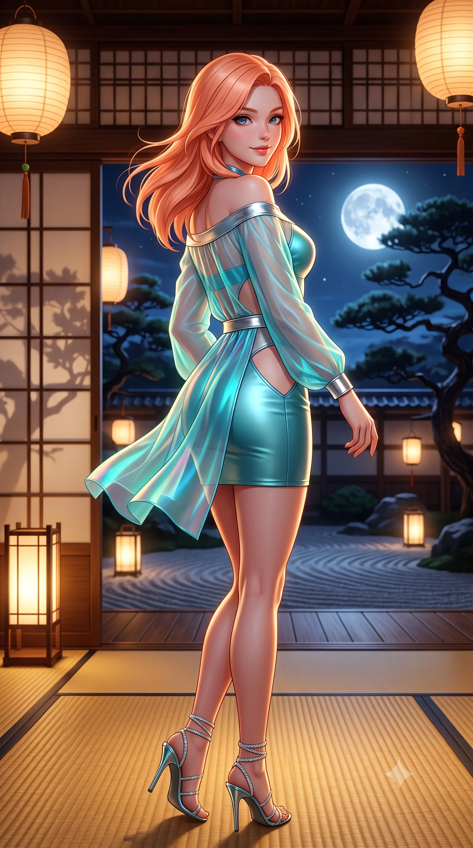 score_9, masterpiece, best quality, ultra-detailed, high-budget anime keyframe, semi-realistic 3D game render, editorial fashion photography, tasteful artistic composition, Japanese woman. close-up cowboy shot from the waist and thighs up, the character dominates the composition, filling the frame with her large presence. turning slowly with an enchanting smoldering smile, her glossy hair tossing in the breeze as her hips angle gracefully in a captivating contrapposto while twisting her slender torso in an alluring S-curve on the golden tatami mats, paper lantern light casting seductive silhouette shadows on paper screens. The background shows a soft-focus twisted silhouettes of centuries-old black pines against silver moonlit sky, raked gravel garden ripples, and hanging andon lanterns blurred into ivory, charcoal, and gold bokeh. She has an exceptionally elegant, slender, and willowy female figure with an ultra-slim waist, flat toned midriff, narrow ribcage, and sculpted feminine hips creating an alluring, slim hourglass silhouette without bulk. sharp v-shaped jawline, high-bridge nose, intricate jewel-like sparkling eyes with depth, thick eyelashes, glossy parted lips with a natural peach sheen, bright cheerful beaming smile with an enchanting and coquettish sensual glint, exuding both youthful cute charm and seductive allure, flawlessly proportioned anatomical accuracy, strict slender model proportions, natural body alignment, perfectly sculpted long slender limbs, ultra-slim waistline, clean dynamic posture without body distortion. wearing an alluring semi-sheer silk chiffon boudoir peignoir slipping off bare shoulders with delicate jade button accents in Neo-Carthage holographic cyan and solar chrome, woven from buttery-soft stretch lambskin leather adhering to her body like a second skin, complemented by strappy stiletto sandals with crystal ankle wraps accentuating her slender calves, the precision-cut side openings and low-back scoop framing her graceful spine and the sensual sweep of her slim, toned hips. bathed in the soft, intimate 2200K ambient illumination of traditional washi andon lamps mixed with cool silver moonlight. highly saturated vibrant anime colors, detailed shading with soft gradients, rich glossy textures, high-contrast stereoscopic depth, volumetric dynamic lighting, master piece, 9:16 ratio