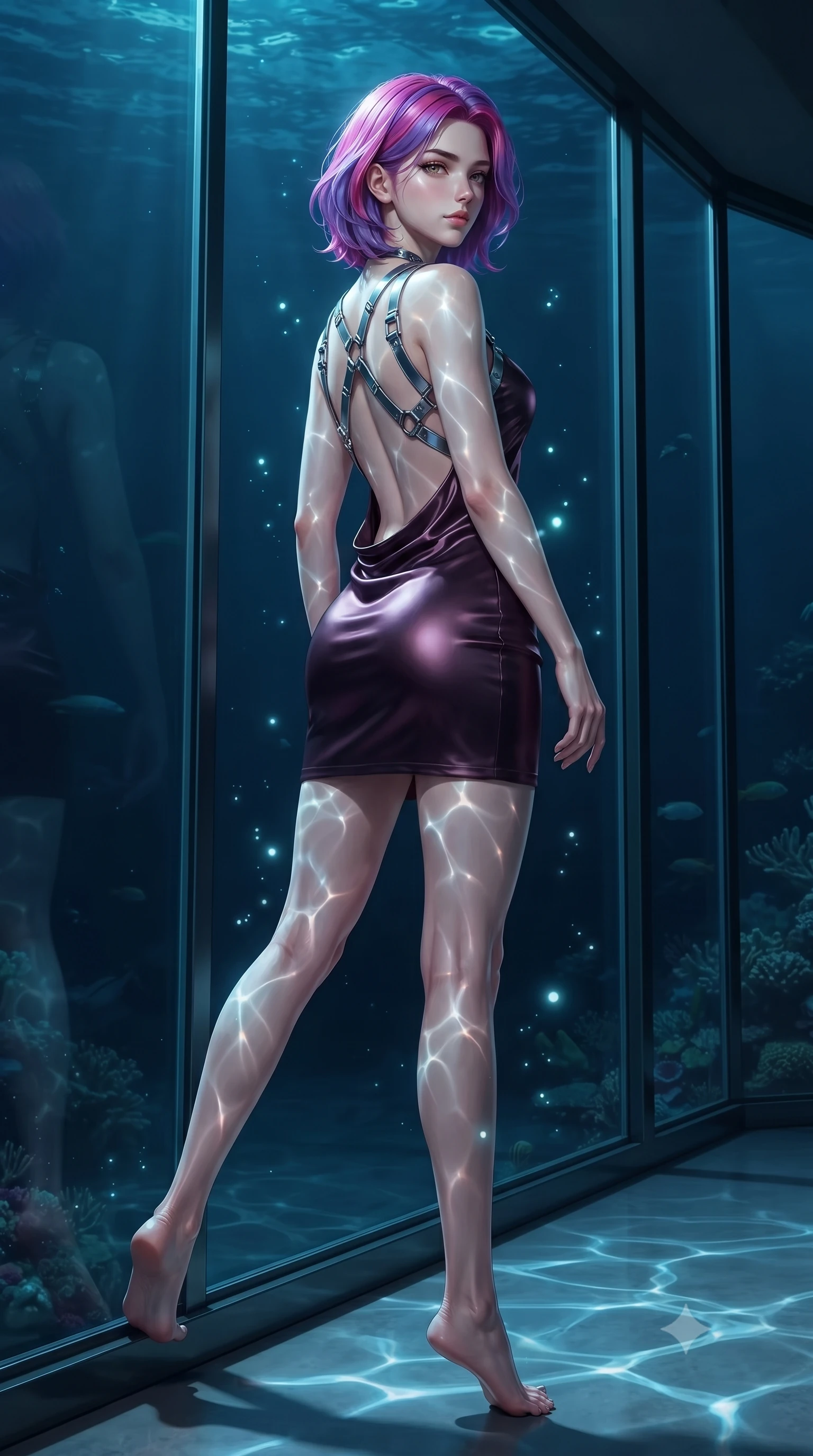 score_9, masterpiece, best quality, ultra-detailed, high-budget anime keyframe, editorial fashion photography, tasteful artistic composition, Caucasian woman. low angle full-body shot from head to toe showing her feet, filling the entire 9:16 vertical frame with her statuesque presence, stretching her vertical silhouette. interacting with glowing light particles, her long slender legs poised in motion, resting near a glass bay wall as gentle ocean waves cast dynamic caustic patterns, shimmering caustic light ripples dancing dynamically across her body and gown. She has an absolutely perfect, statuesque 8.5-heads proportion, an exceptionally tall and slender model-like female figure with impossibly long slender legs and an ultra-slim waist. sharp v-shaped jawline, high-bridge nose, intricate jewel-like eyes with depth, thick eyelashes, glossy lips with a natural sheen. wearing dramatically scooped backless dark satin mini dress with criss-cross chrome straps in dark plum violet, made of liquid dark mercury jersey, highlighted by a gunmetal metallic harness structure, following her slender form with tailored precision. surrounded by an ethereal underwater aura with bright pearl rim lights. ultra-reflective glossy finish, specular highlights, metallic sheen, high-contrast stereoscopic depth, volumetric dynamic lighting, 2k, ultra detail, master piece, 9:16 ratio