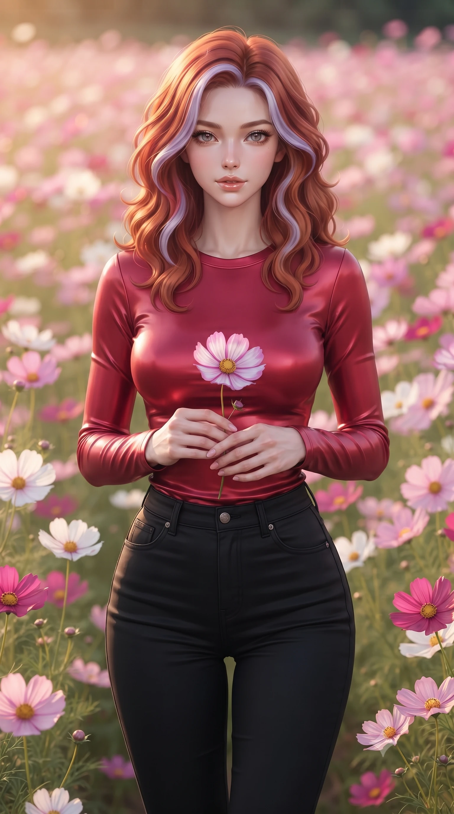score_9, masterpiece, best quality, ultra-detailed, high-budget anime keyframe, editorial fashion photography, tasteful artistic composition, Caucasian woman woman. close-up cowboy shot from the waist and thighs up, the character dominates the composition, filling the frame with her large presence, background elements kept in soft focus. gazing directly at the viewer with a calm and welcoming expression, holding a fresh flower the background shows a soft-focus a vast field of pink and white cosmos flowers swaying in the gentle wind. She has an exceptionally elegant, slender, and willowy female figure with an ultra-slim waist, a gracefully sculpted slender torso, and a refined silhouette. sharp v-shaped jawline, high-bridge nose, intricate jewel-like eyes with depth, thick eyelashes, glossy lips with a natural sheen. wearing a tailored tight-fitting long-sleeve tee in crimson red, tucked into high-waisted black skinny pants. warm afternoon sun rays coloring the cosmos petals in vibrant tones. ultra-reflective glossy finish, specular highlights, metallic sheen, high-contrast stereoscopic depth, volumetric dynamic lighting, 2k, ultra detail, master piece, 9:16 ratio
