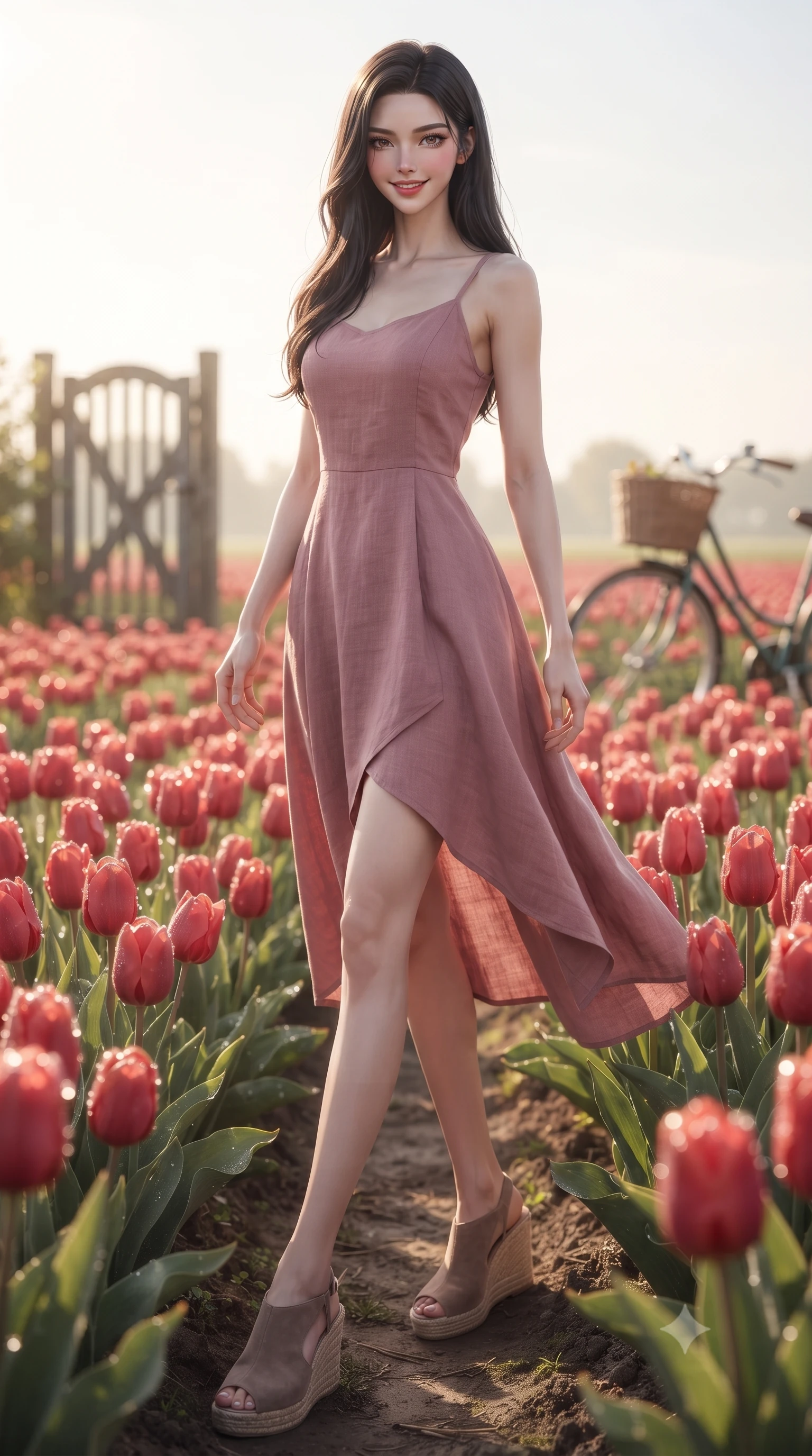 score_9, masterpiece, best quality, ultra-detailed, high-budget anime keyframe, editorial fashion photography, tasteful artistic composition, Korean woman. low angle full-body shot from head to toe showing her feet, filling the entire 9:16 vertical frame with her statuesque presence, stretching her vertical silhouette. stepping forward with an alluring, magnetic smile, her graceful posture highlighting her statuesque silhouette set against a soft-focus background of in a bright field of red tulips stretching to the horizon with a wooden garden gate and a vintage bicycle in the background. She has an absolutely perfect, statuesque 8.5-heads proportion, an exceptionally tall and slender model-like female figure with impossibly long slender legs and an ultra-slim waist. sharp v-shaped jawline, high-bridge nose, intricate jewel-like eyes with depth, thick eyelashes, glossy lips with a natural sheen. wearing slim-fit flowy linen sundress in dusty rose, draped softly and comfortably. warm morning sunbeams creating fresh dewdrop glints on the flower petals. ultra-reflective glossy finish, specular highlights, metallic sheen, high-contrast stereoscopic depth, volumetric dynamic lighting, 2k, ultra detail, master piece, 9:16 ratio