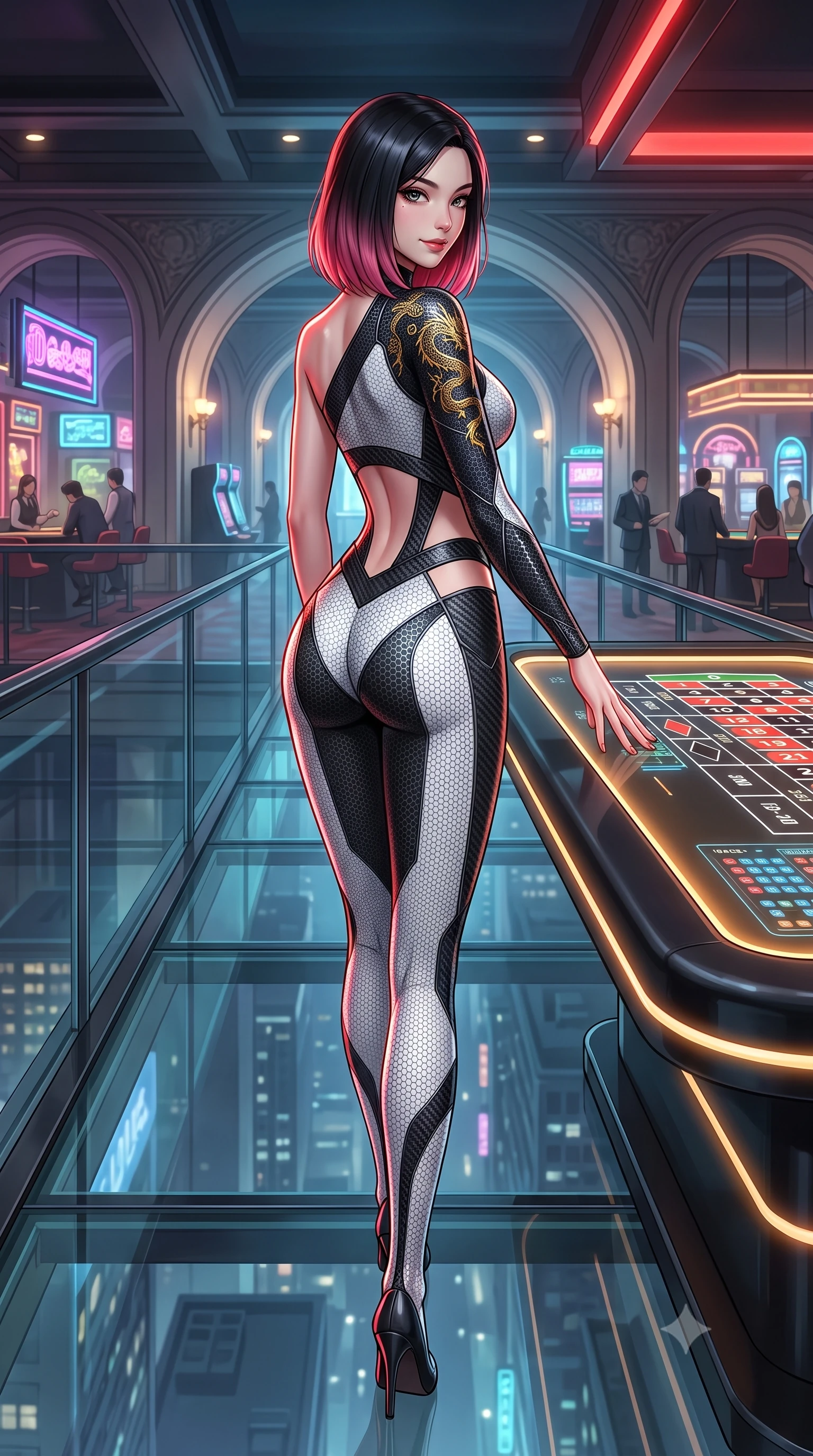 score_9, masterpiece, best quality, ultra-detailed, high-budget anime keyframe, semi-realistic 3D game render, editorial fashion photography, tasteful artistic composition, Korean woman. low angle full-body shot from head to toe showing her feet, filling the entire 9:16 vertical frame with her statuesque presence, stretching her vertical silhouette. walking slowly along the transparent glass skybridge, looking back over her shoulder with an air of effortless grace and an alluring, smoldering smile while leaning over the glossy black hologram roulette table with hips cocked back, arching her spine with dangerous seductive glamour. The surrounding environment is rendered in vivid detail and crisp panoramic clarity: detailed suit fabric weave, gold dragon embroidery glints, and underground casino architecture in razor-sharp precision. She has an absolutely perfect, statuesque 8.5-heads proportion, an exceptionally tall and slender model-like female figure with impossibly long slender legs, an ultra-slim waist, a flat toned midriff, narrow delicate ribcage, and beautifully sculpted feminine hips creating a graceful, slim hourglass silhouette without any bulky heaviness. sharp v-shaped jawline, high-bridge nose, intricate jewel-like sparkling eyes with depth, thick eyelashes, glossy parted lips with a natural sheen, bright confident smile with an enchanting and coquettish sensual glint, exuding both youthful magnetic charm and sovereign high-tech allure, flawlessly proportioned anatomical accuracy, strict slender model proportions, natural body alignment, perfectly sculpted long slender limbs, ultra-slim waistline, clean dynamic posture without body distortion. wearing an asymmetric one-shoulder combat catsuit with carbon-weave paneling and an open-waist architecture emphasizing her hips in dual-tone high-contrast monochrome black and stark white, woven from delicate semi-opaque high-tensile nano-mesh with intricate hexagonal micro-patterns, finished with delicate carbon-fiber boning framing the narrow waistline, the form-contouring cut accentuating her sculpted flat midriff, narrow delicate ribcage, and gracefully curvy hips with cybernetic supermodel precision. illuminated by glowing table surfaces and sharp scarlet rim lights carving her sculpted collarbones, ultra-slim waist, and curvy hips. highly saturated vibrant anime colors, detailed shading with soft gradients, rich glossy textures, high-contrast stereoscopic depth, volumetric dynamic lighting, master piece, 9:16 ratio