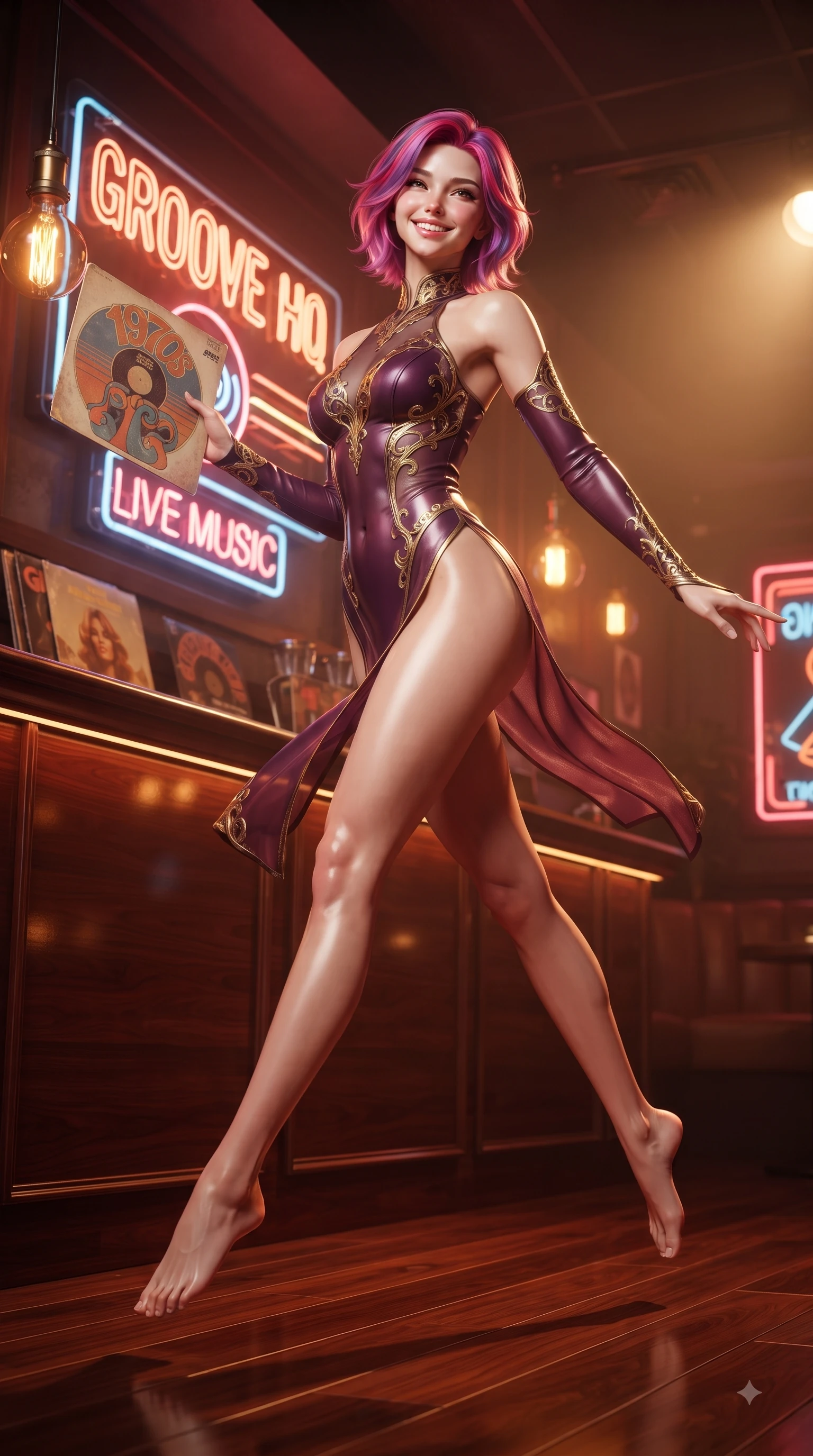 score_9, masterpiece, best quality, ultra-detailed, high-budget anime keyframe, editorial fashion photography, tasteful artistic composition, Caucasian woman. low angle full-body shot from head to toe showing her feet, filling the entire 9:16 vertical frame with her statuesque presence, stretching her vertical silhouette. leaping with pure youthful energy through mid-air with a radiant bright smile, her impossibly long slender legs stretched in balance while pivoting dynamically near a neon music sign while holding a vintage record sleeve, warm amber Edison bulb lamps and neon signs scattering cozy golden highlights. She has an absolutely perfect, statuesque 8.5-heads proportion, an exceptionally tall and slender model-like female figure with impossibly long slender legs and an ultra-slim waist. sharp v-shaped jawline, high-bridge nose, intricate jewel-like eyes with depth, thick eyelashes, glossy lips with a natural sheen, flawlessly proportioned anatomical accuracy, natural body alignment, perfectly sculpted elegant limbs, clean dynamic posture without body distortion. wearing an asymmetrical high-cut tech-bodysuit with detached sleeves in plum purple and gold filigree, woven from fine semi-opaque sheer organza, finished with a sleek side slit ascending to mid-thigh, the tailored fabric tightly following every curve of her athletic build. illuminated by cozy directional spotlights and rich mahogany reflections. ultra-reflective glossy finish, specular highlights, metallic sheen, high-contrast stereoscopic depth, volumetric dynamic lighting, 2k, ultra detail, master piece, 9:16 ratio