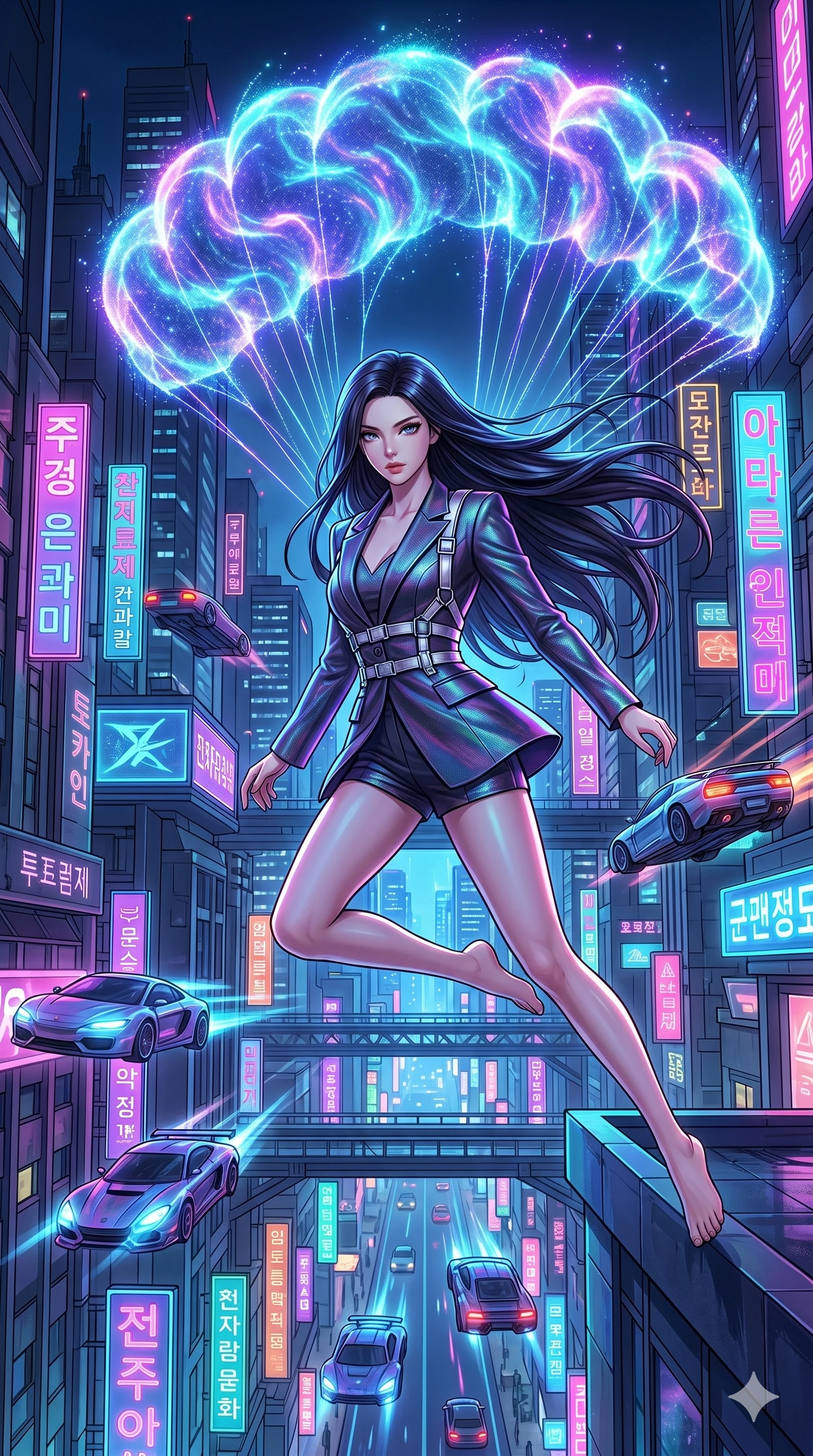 score_9, masterpiece, best quality, ultra-detailed, Set C: High-budget Anime Keyframe, Korean woman. Low angle cowboy shot filling the entire 9:16 frame with her statuesque presence. Leaping off a skyscraper with a parachute made of light particles into a neon canyon at night. She has an absolutely perfect 8-heads proportion, an exceptionally tall and slender female figure with elegant long slender legs and an slender waist. Sharp v-shaped jawline, high-bridge nose, intricate jewel-like eyes with depth, thick eyelashes, glossy lips. Wearing a High-Fashion Editorial outfit: structured blazer with coordinated top and stage shorts with a harness. Background is a bright and colorful futuristic city with neon signs and glowing flying vehicles. 2k, ultra detail, master piece, 9:16 ratio