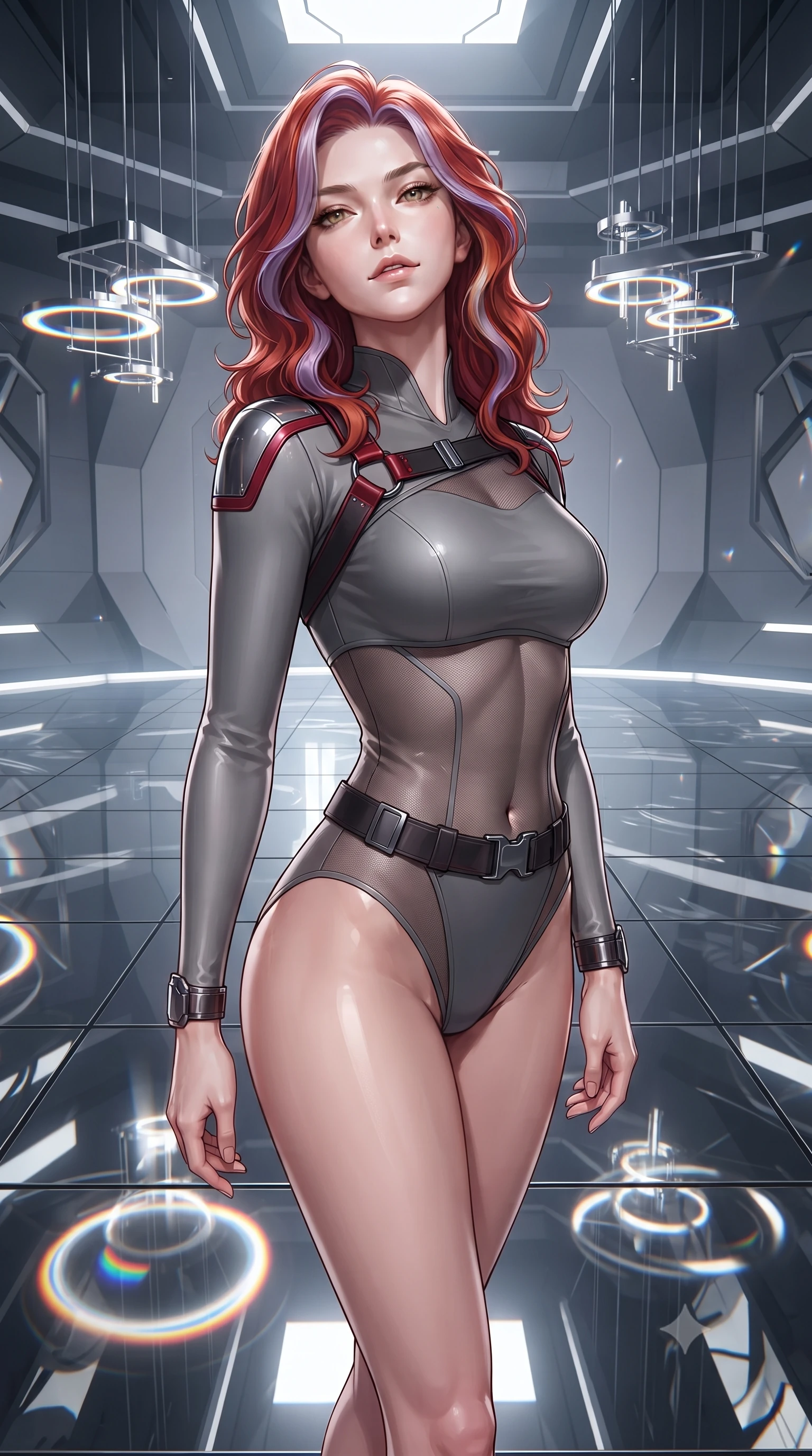 score_9, masterpiece, best quality, ultra-detailed, high-budget anime keyframe, editorial fashion photography, tasteful artistic composition, Caucasian woman. close-up cowboy shot from the waist and thighs up, the character dominates the composition, filling the frame with her large presence. tilting her chin up with proud, sovereign confidence while gazing directly into the lens with thick, dark eyelashes while pivoting gracefully on a mirrored floor as infinite reflections of light and color surround her slender frame. The surrounding environment is rendered in vivid detail and crisp panoramic clarity. detailed metallic fabric reflections, chromatic aberration rings, and geometric light fixtures in high clarity. She has an exceptionally elegant, slender, and willowy female figure with an ultra-slim waist, a gracefully sculpted slender torso, toned flat midriff, and a refined slim silhouette. sharp v-shaped jawline, high-bridge nose, intricate jewel-like eyes with depth, thick eyelashes, glossy lips with a natural sheen, captivating and magnetic expression, flawlessly proportioned anatomical accuracy, strict slender model proportions, natural body alignment, perfectly sculpted long slender limbs, ultra-slim waistline, clean dynamic posture without body distortion. wearing a sharp asymmetrical spy bodysuit with sheer contouring mesh panels, reinforced strike shoulders, and utility waist harness in storm grey and dark scarlet trim, made of high-mobility liquid jersey and semi-opaque reinforced mesh, accented with concealed lockpick wristbands and polished dark chrome hardware edition #28, the form-contouring material adhering flawlessly to her sculpted flat midriff and slender torso, emphasizing her long leg lines and perfectly proportioned willowy build. illuminated by clean geometric specular highlights tracing her sculpted torso and legs. ultra-reflective glossy finish, specular highlights, rich textural contrasts, high-contrast stereoscopic depth, volumetric dynamic lighting, 2k, ultra detail, master piece, 9:16 ratio