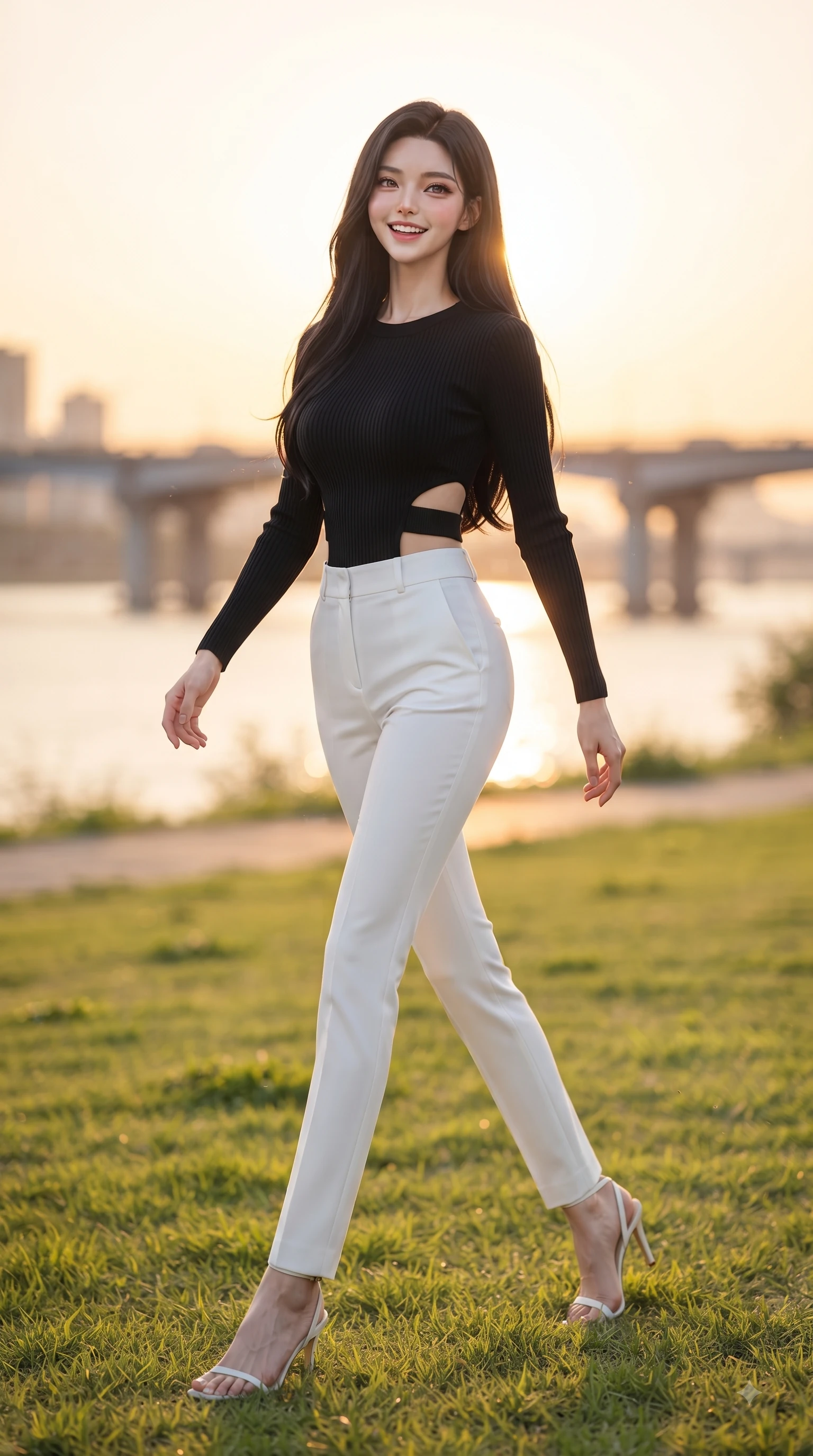 score_9, masterpiece, best quality, ultra-detailed, high-budget anime keyframe, editorial fashion photography, tasteful artistic composition, Korean woman. low angle full-body shot from head to toe showing her feet, filling the entire 9:16 vertical frame with her statuesque presence, stretching her vertical silhouette. stepping forward gracefully in mid-motion with a delighted cute expression, displaying her statuesque model proportions while resting on her knees on the grass as warm sunset rays illuminate her radiant beauty. The composition keeps background elements in soft focus with dreamy bokeh. rose-gold river reflections and city bridge silhouettes blurred into warm golden evening bokeh. She has an absolutely perfect, statuesque 8.5-heads proportion, an exceptionally tall and slender model-like female figure with impossibly long slender legs and an ultra-slim waist. sharp v-shaped jawline, high-bridge nose, intricate jewel-like eyes with depth, thick eyelashes, glossy lips with a natural sheen, flawlessly proportioned anatomical accuracy, natural body alignment, perfectly sculpted elegant limbs, clean dynamic posture without body distortion. wearing a form-contouring ribbed knit top paired with high-waisted tailored stretch trousers in sleek jet black and pure white contrast, knitted from soft cozy cashmere yarn, complemented by clean architectural cutouts along her slender torso, the elegant draped fit framing her graceful clavicle and slender torso. illuminated by soft glowing sunset reflections with cheerful golden rim lights. ultra-reflective glossy finish, specular highlights, metallic sheen, high-contrast stereoscopic depth, volumetric dynamic lighting, 2k, ultra detail, master piece, 9:16 ratio