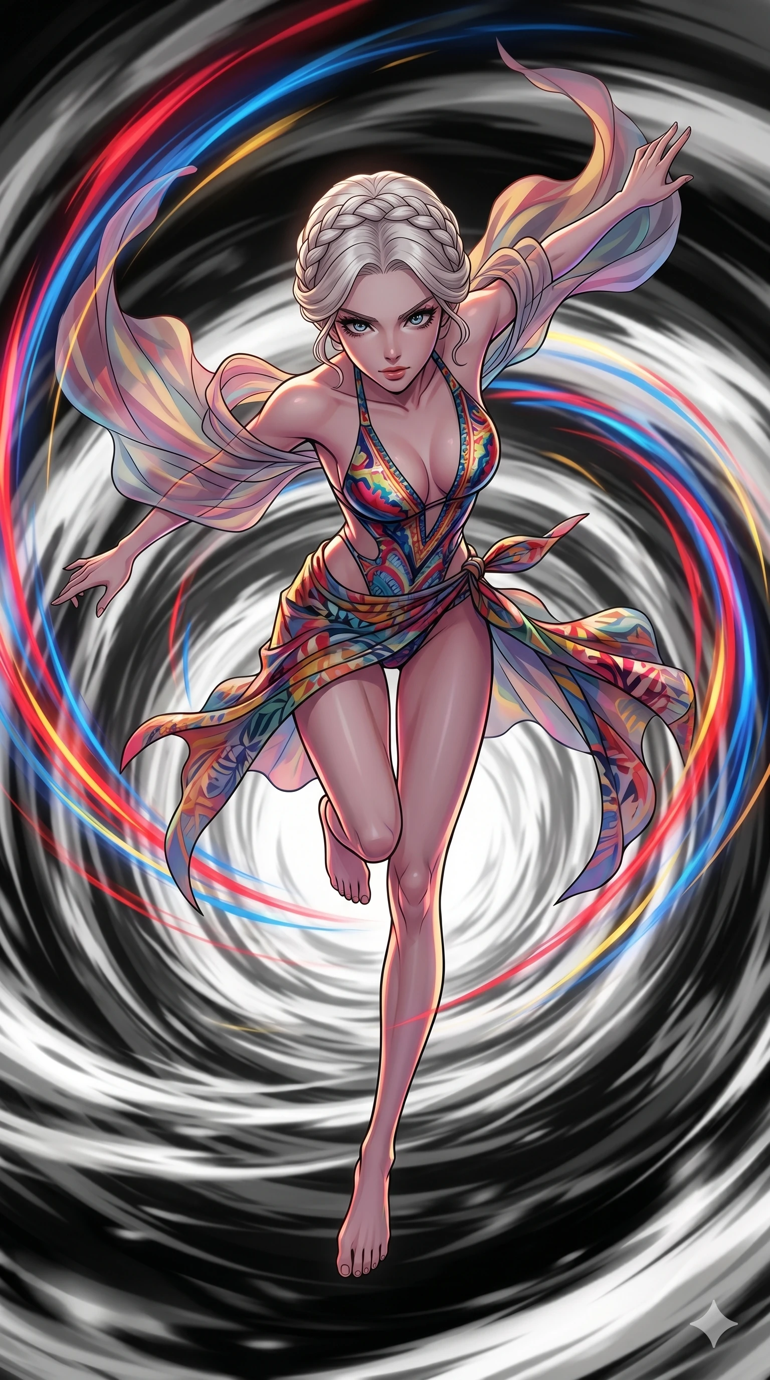 score_9, masterpiece, best quality, ultra-detailed, high-budget anime movie keyframe, cinematic anime lighting, intricate line art, Japanese woman. Extreme high angle shot as she leaps towards the camera, filling the frame. spinning in a world of black and white, her motion leaving color trails. She has an absolutely perfect 8-heads proportion, an exceptionally tall and slender female figure with an ultra-slim waist and impossibly long slender legs. strictly human anatomy, two legs only, no extra limbs, clearly defined legs and arms, perfect anatomy, perfect hands and fingers. sharp v-shaped jawline, high-bridge nose, intricate jewel-like eyes, thick eyelashes, glossy lips. Wearing Seasonal/Resort: High-cut one-piece with sarong, linen sundress with tie-back, and sheer fabric wrap. The scene is illuminated by dramatic atmospheric lighting and vibrant color palettes. , 2k, ultra detail, master piece, 9:16 ratio