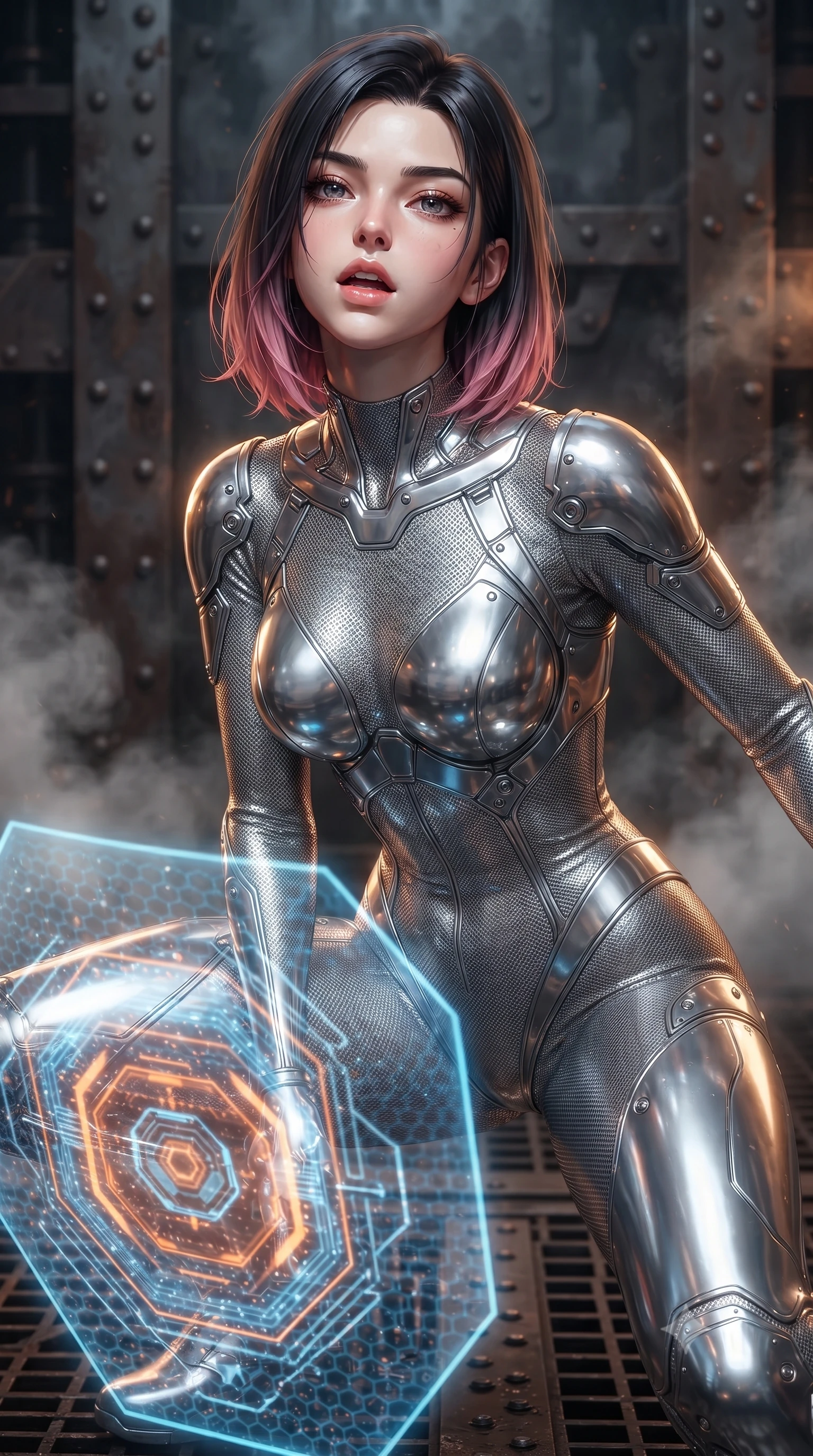 score_9, masterpiece, best quality, ultra-detailed, high-budget anime keyframe, editorial fashion photography, tasteful artistic composition, Korean woman. close-up cowboy shot from the waist and thighs up, the character dominates the composition, filling the frame with her large presence, background elements kept in soft focus. crouching slightly behind a glowing holographic shield emitter, looking up with defiance and lips slightly parted, the background shows a soft-focus a steam venting platform built of dark iron grids and heavy rivet sheets. She has an exceptionally elegant, slender, and willowy female figure with an ultra-slim waist, a gracefully sculpted slender torso, and a refined silhouette. sharp v-shaped jawline, high-bridge nose, intricate jewel-like eyes with depth, thick eyelashes, glossy lips with a natural sheen. wearing a body-hugging delicate silver nano-mesh bodysuit with strategically placed chrome armor plate guards covering key curves. low-key amber lights highlighting the wet metallic textures of her combat suit. ultra-reflective glossy finish, specular highlights, metallic sheen, high-contrast stereoscopic depth, volumetric dynamic lighting, 2k, ultra detail, master piece, 9:16 ratio
