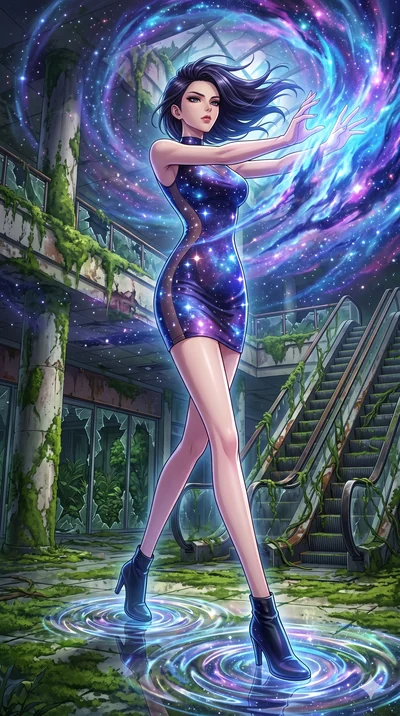 score_9, masterpiece, best quality, ultra-detailed, Set A: High-budget Anime Keyframe, Korean woman. Low angle cowboy shot filling the entire 9:16 frame with her statuesque presence. Theme: Historical Remix. unleashing a massive energy wave in a ruin