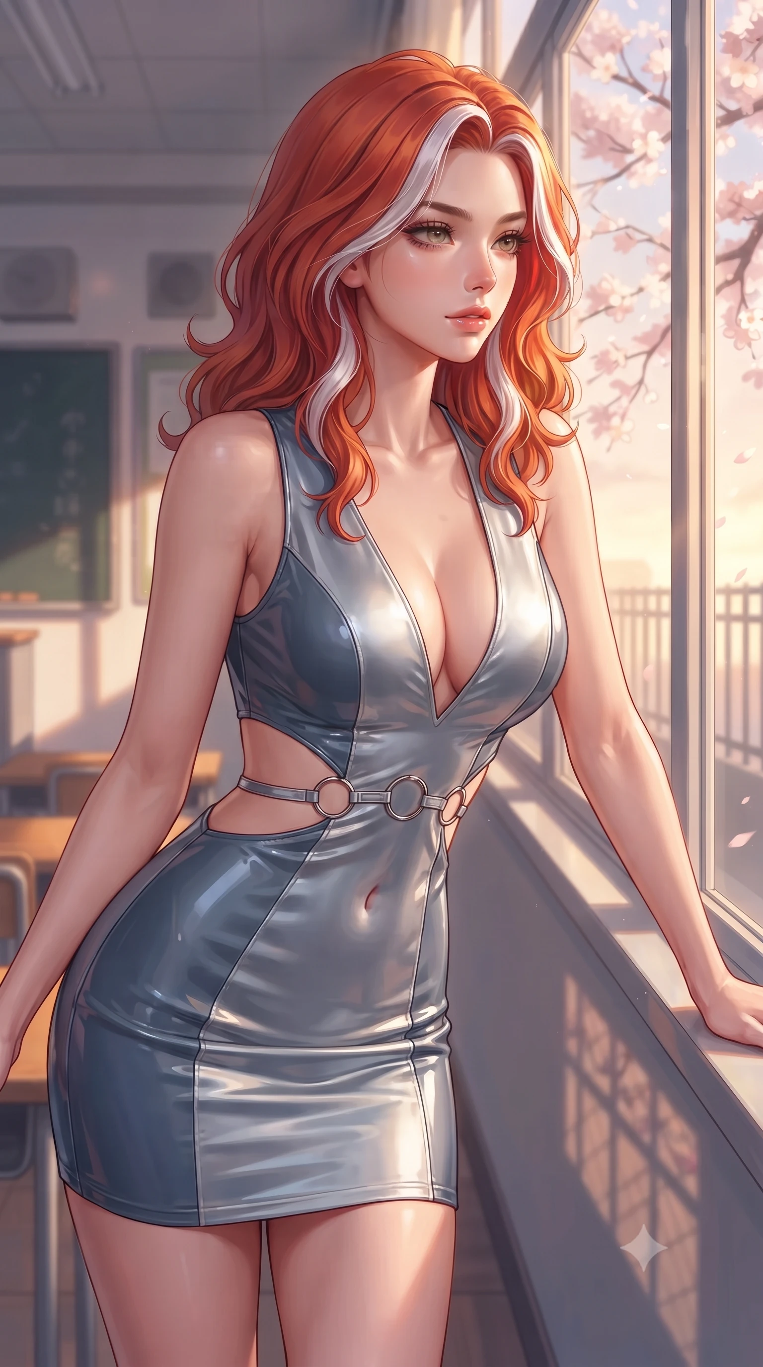 score_9, masterpiece, best quality, ultra-detailed, high-budget anime keyframe, editorial fashion photography, tasteful artistic composition, Caucasian woman. close-up cowboy shot from the waist and thighs up, the character dominates the composition, filling the frame with her large presence, background elements kept in soft focus. Leaning slightly forward with a composed, seductive gaze under soft glowing light looking out a large classroom window as golden sunlight fills the quiet room, golden hour sunbeams casting dramatic fence grid shadows on the roof deck. She has an exceptionally elegant, slender, and willowy female figure with an ultra-slim waist, a gracefully sculpted slender torso, and a refined silhouette. sharp v-shaped jawline, high-bridge nose, intricate jewel-like eyes with depth, thick eyelashes, glossy lips with a natural sheen. wearing a liquid mercury gloss mini dress with ultra-deep V-neck and waist cutouts in slate blue and metallic silver, tailored from high-gloss patent leather, accented with delicate chrome ring hardware framing her waist, the sleek second-skin texture accentuating her magnetic presence. illuminated by soft glowing evening sunbeams filtering through sakura branches. highly saturated vibrant anime colors, detailed shading with soft gradients, rich glossy textures, high-contrast stereoscopic depth, volumetric dynamic lighting, master piece, 9:16 ratio