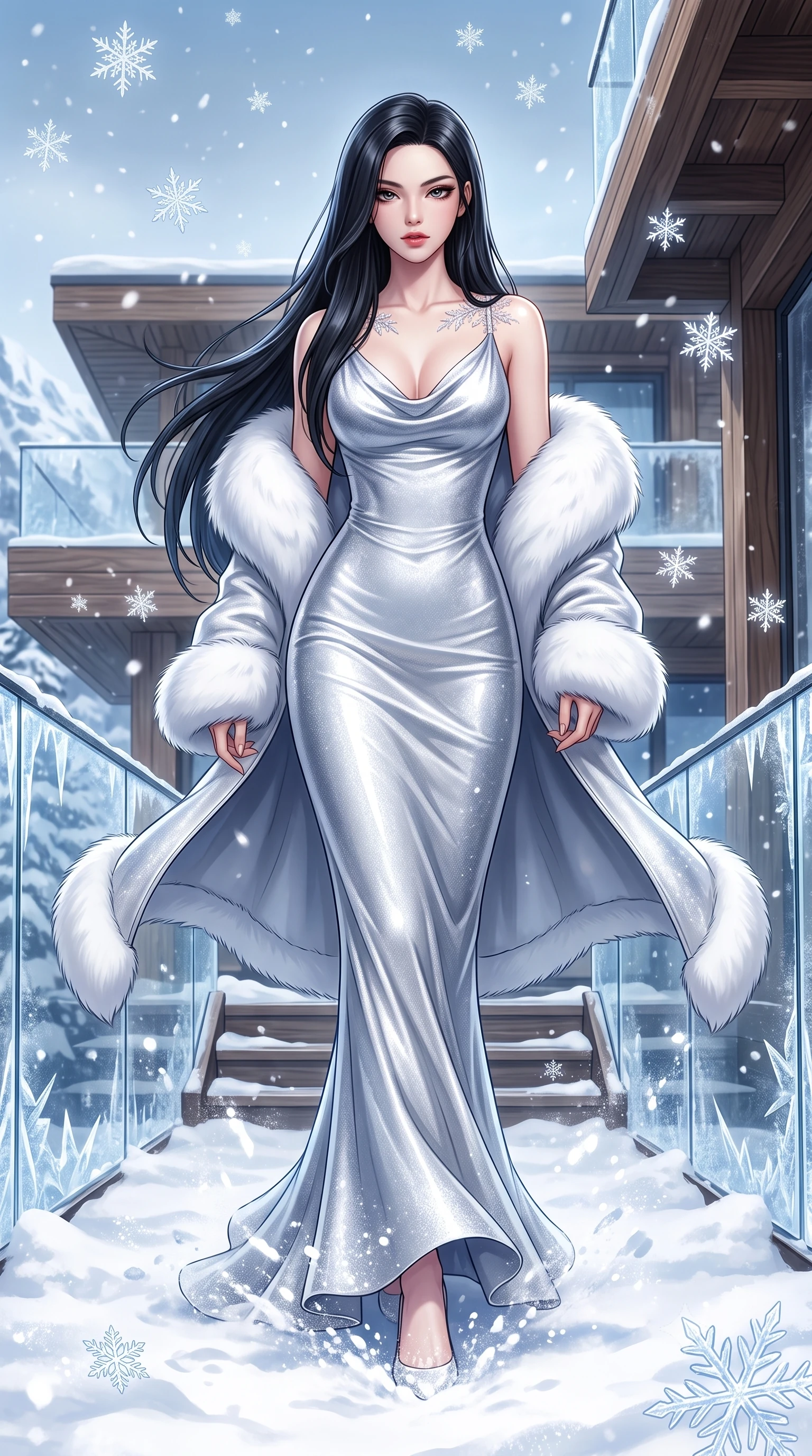 score_9, masterpiece, best quality, ultra-detailed, high-budget anime keyframe, semi-realistic 3D game render, editorial fashion photography, tasteful artistic composition, Korean woman. low angle full-body shot from head to toe showing her feet, filling the entire 9:16 vertical frame with her statuesque presence, stretching her vertical silhouette. striding forward in a proud, dynamic supermodel runway stride, hips swaying in an alluring kinetic rhythm that stretches her silhouette while striding through the fresh powder snow with sovereign elegance, arching her back as mountain winds flutter her open coat. The surrounding environment is rendered in vivid detail and crisp panoramic clarity. sharp ice crystal textures on glass balustrades, timber wood grain, and falling snowflake geometry in deep focus. She has an absolutely perfect, statuesque 8.5-heads proportion, an exceptionally tall and slender model-like female figure with impossibly long slender legs, a toned flat midriff, and an ultra-slim waist. sharp v-shaped jawline, high-bridge nose, intricate jewel-like eyes with depth, thick eyelashes, glossy parted lips with a natural sheen, intensely captivating and seductive expression, flawlessly proportioned anatomical accuracy, strict slender model proportions, natural body alignment, perfectly sculpted long slender limbs, ultra-slim waistline, clean dynamic posture without body distortion. wearing a crystalline silver lamé cowl-neck gown with a deep back scoop and fur stole draped over her arms in pure glacier white and shimmering silver, tailored from water-resistant ski-tech stretch gabardine with fleece lining, finished with delicate crystal frost embroidery tracing the collarbones, the form-contouring material adhering flawlessly to her sculpted flat midriff and slender torso, emphasizing her long leg lines and perfectly proportioned willowy build. surrounded by a glamorous, elite, and heart-meltingly alluring winter sanctuary goddess aura. highly saturated vibrant anime colors, detailed shading with soft gradients, rich glossy textures, high-contrast stereoscopic depth, volumetric dynamic lighting, master piece, 9:16 ratio
