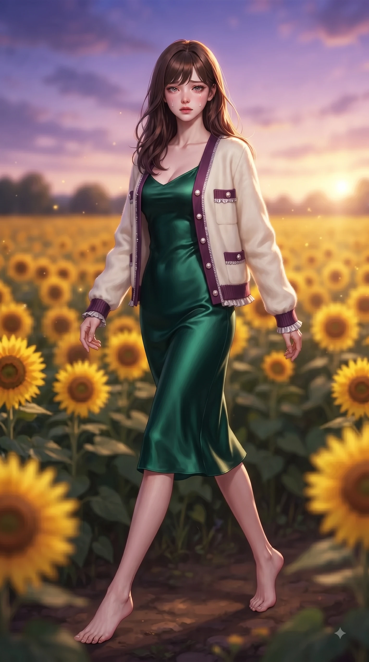 score_9, masterpiece, best quality, ultra-detailed, high-budget anime keyframe, editorial fashion photography, tasteful artistic composition, Korean woman. low angle full-body shot from head to toe showing her feet, filling the entire 9:16 vertical frame with her statuesque presence, stretching her vertical silhouette. Heart-tugging melancholic glance with a subtle drop of emotion in her eyes and a quiet wistful posture while pivoting in mid-stride amidst golden sunflowers as dusk light casts a magical purple-gold sky. The composition keeps background elements in soft focus with dreamy bokeh. vibrant floral fields blurring into a romantic, painting-like background backdrop. She has an absolutely perfect, statuesque 8.5-heads proportion, an exceptionally tall and slender model-like female figure with impossibly long slender legs and an ultra-slim waist. sharp v-shaped jawline, high-bridge nose, intricate jewel-like eyes with depth, thick eyelashes, glossy lips with a natural sheen, flawlessly proportioned anatomical accuracy, natural body alignment, perfectly sculpted elegant limbs, clean dynamic posture without body distortion. wearing a rich emerald green satin slip dress layered under a plush cream cardigan in rich plum violet and metallic platinum, tailored from crisp high-density cotton poplin, accented with delicate pearl buttons and refined ruffle trims, the sleek second-skin fit accentuating her magnetic presence. bathed in ethereal twilight glow and warm golden sunset horizon light. ultra-reflective glossy finish, specular highlights, metallic sheen, high-contrast stereoscopic depth, volumetric dynamic lighting, 2k, ultra detail, master piece, 9:16 ratio