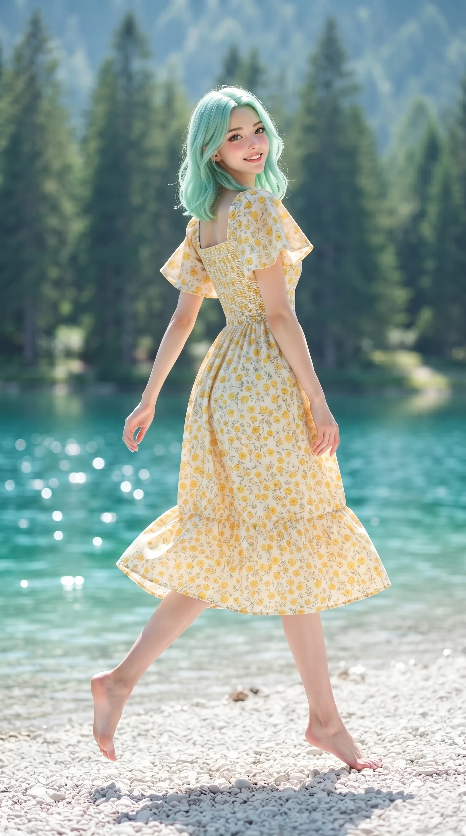 score_9, masterpiece, best quality, ultra-detailed, high-budget anime keyframe, editorial fashion photography, tasteful artistic composition, Japanese woman. low angle full-body shot from head to toe showing her feet, filling the entire 9:16 vertical frame with her statuesque presence, stretching her vertical silhouette. pivoting dynamically with a fresh infectious smile, her ultra-slim waist and long slender legs creating a fluid graceful line while skipping playfully along smooth white pebble shores, looking back over her shoulder with an enchanting, sweet smile. The composition keeps background elements in soft focus with creamy bokeh. mirror-still turquoise lake waters and towering evergreen pine forests blurred into radiant emerald and cyan bokeh. She has an absolutely perfect, statuesque 8.5-heads proportion, an exceptionally tall and slender model-like female figure with impossibly long slender legs, a toned flat midriff, and an ultra-slim waist. sharp v-shaped jawline, high-bridge nose, intricate jewel-like eyes with depth, thick eyelashes, glossy lips with a natural sheen, pure and lovely fresh girlhood expression, flawlessly proportioned anatomical accuracy, strict slender model proportions, natural body alignment, perfectly sculpted long slender limbs, ultra-slim waistline, clean dynamic posture without body distortion. wearing a sweet square-neck smocked midi dress decorated with delicate wildflower patterns in fresh buttercup yellow and clean cream white, tailored from crisp organic cotton poplin, featuring elegant flutter sleeves and a graceful open collar, the chic real-way fashion cut emphasizing her effortless charm, flat midriff, and slender model proportions. bathed in radiant midday sunshine creating sparkling diamond glints across the turquoise lake surface. ultra-reflective glossy finish, specular highlights, rich natural textures, high-contrast stereoscopic depth, volumetric dynamic lighting, 2k, ultra detail, master piece, 9:16 ratio