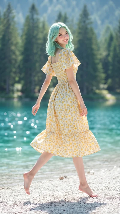 score_9, masterpiece, best quality, ultra-detailed, high-budget anime keyframe, editorial fashion photography, tasteful artistic composition, Japanese woman. low angle full-body shot from head to toe showing her feet, filling the entire 9:16 vertical