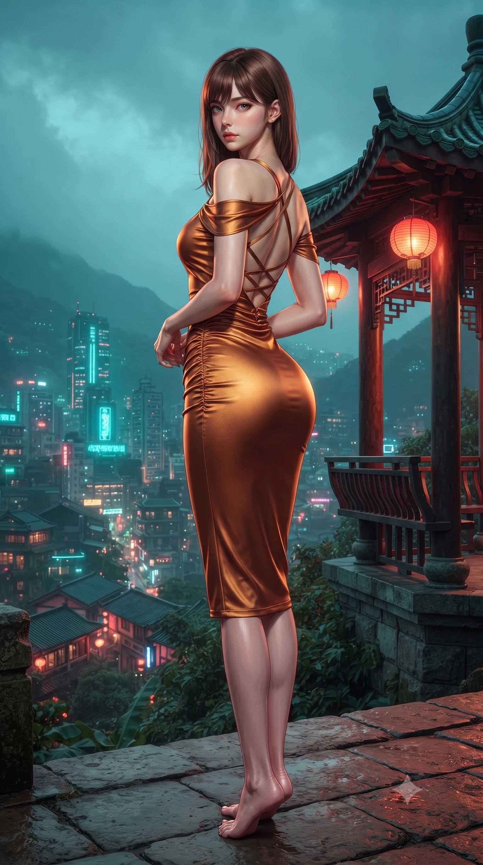 score_9, masterpiece, best quality, ultra-detailed, high-budget anime keyframe, editorial fashion photography, tasteful artistic composition, Korean woman. low angle full-body shot from head to toe showing her feet, filling the entire 9:16 vertical frame with her statuesque presence, stretching her vertical silhouette. posing with back turned slightly to the lens, glancing back with smoldering allure as she arches her lower back to emphasize her sculpted feminine hips and slender waist while twisting her slender torso in an alluring contrapposto stance beside a traditional tea pavilion, the cybernetic mountain metropolis glowing in the emerald valley below. The surrounding environment is rendered in vivid detail and crisp panoramic clarity. detailed dress fabric sheen, neon reflection clarity, and futuristic Jiufen mountain architecture in high resolution. She has an exceptionally tall and slender model-like 8.5-heads proportion, an ultra-slim waist, a flat toned midriff, narrow delicate ribcage, and beautifully sculpted feminine hips creating a graceful, slim hourglass silhouette without any bulky heaviness, with impossibly long slender legs. sharp v-shaped jawline, high-bridge nose, intricate jewel-like eyes with depth, thick eyelashes, glossy parted lips with a natural sheen, intensely captivating and seductive bedroom-eyes expression, flawlessly proportioned anatomical accuracy, strict slender model proportions, natural body alignment, perfectly sculpted long slender limbs, ultra-slim waistline, clean dynamic posture without body distortion. wearing a form-contouring cocktail dress with an asymmetrical open shoulder and hip-defining ruching in rich copper bronze and warm amber, tailored from liquid silk jersey adhering flawlessly to her slender build, finished with criss-cross back satin straps highlighting her graceful shoulder blades, the liquid-tight tailored fabric clinging flawlessly to her narrow waist and rounded feminine hips, emphasizing every millimeter of her sculpted slim hourglass curves without any bulky heaviness. bathed in rich crimson and amber lantern underlights contrasting with cool cyan mountain mist ambient fill. ultra-reflective glossy finish, specular highlights, rich textural contrasts, high-contrast stereoscopic depth, volumetric dynamic lighting, 2k, ultra detail, master piece, 9:16 ratio