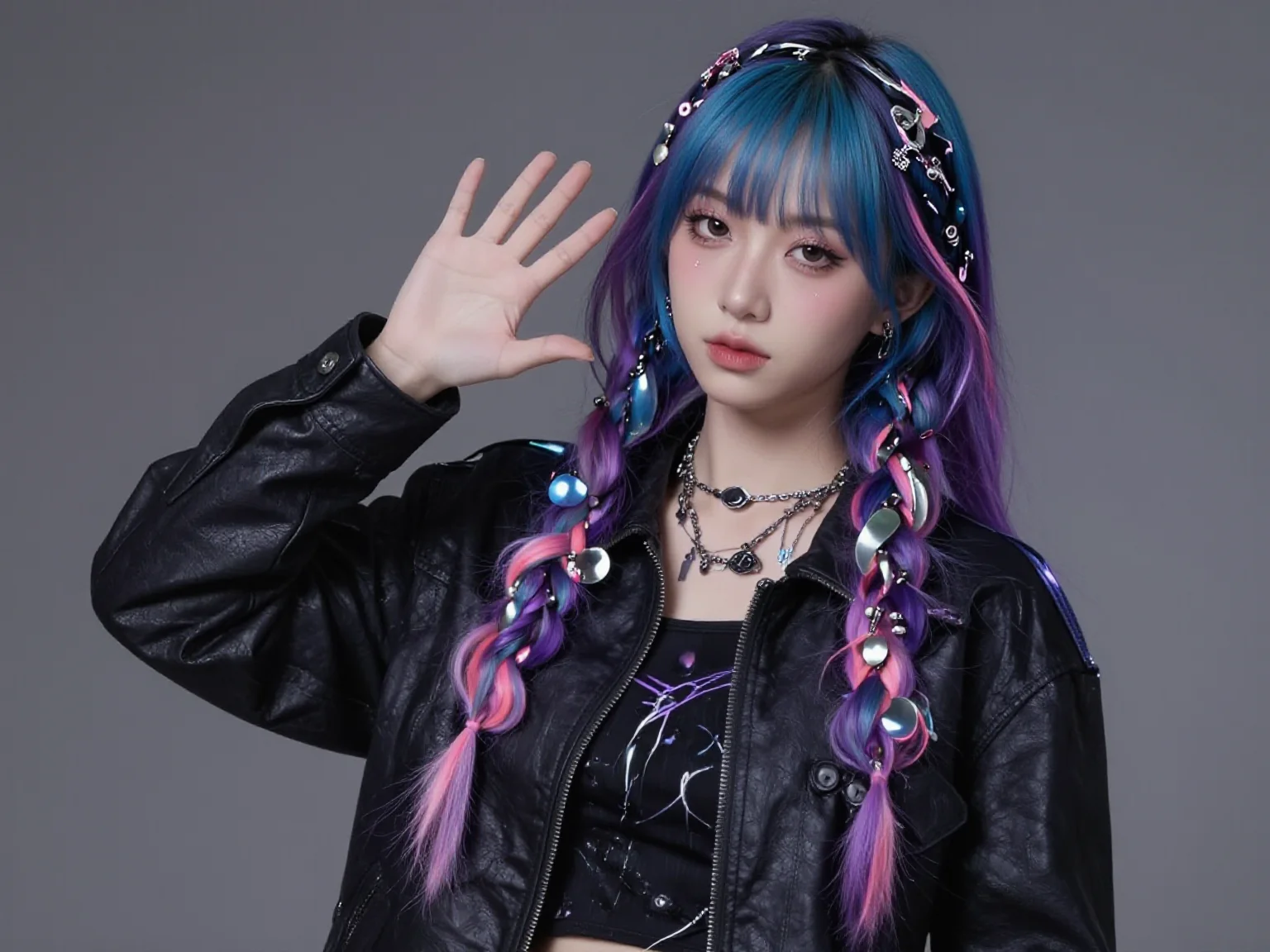 Fantasy-inspired innovative hairstyle, vibrant multicolored hair, intricate braids, shiny accessories, metallic accents, glossy texture, futuristic style, avant-garde design, cyberpunk influence, detailed and realistic, vibrant colors like blues, purples, pinks, and silvers, neon lighting, focus on intricate details, high-quality digital art, specialized in fashion and fantasy.