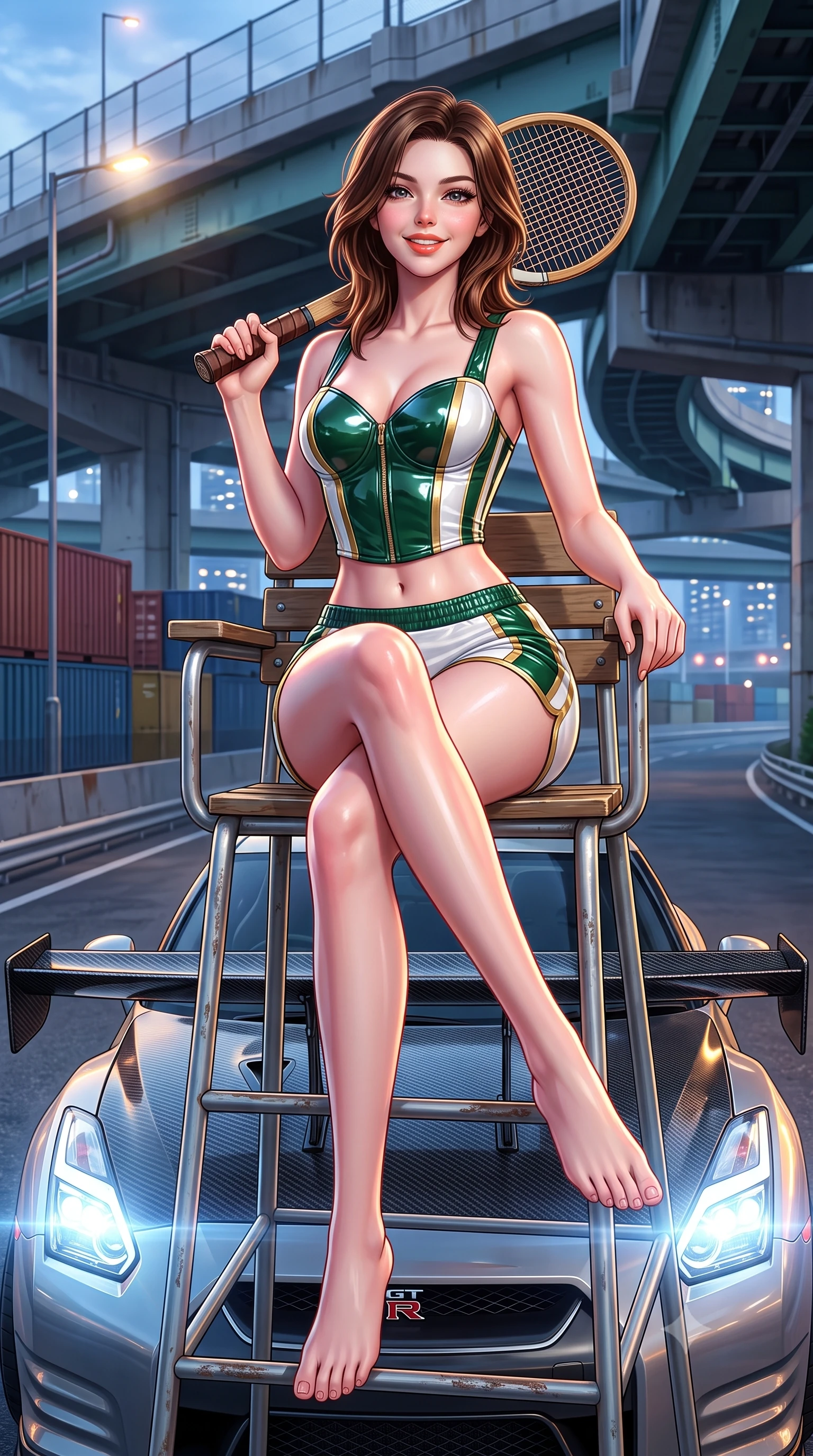 score_9, masterpiece, best quality, ultra-detailed, high-budget anime keyframe, semi-realistic 3D game render, editorial fashion photography, tasteful artistic composition, Korean woman. low angle full-body shot from head to toe showing her feet, filling the entire 9:16 vertical frame with her statuesque presence, stretching her vertical silhouette. sitting perched on the elevated umpire chair with legs crossed and hips angled toward the camera, displaying her toned midriff and long slender limbs with joyful, coquettish charm while sitting on the wide carbon rear wing of an exotic Japanese hypercar, arching her lower back with dangerous, smoldering racing queen allure. The surrounding environment is rendered in vivid detail and crisp panoramic clarity: detailed leather suit texture, neon highlights on skin, and industrial Yokohama highway architecture in high clarity. She has an absolutely perfect, statuesque 8.5-heads proportion, an exceptionally tall and slender model-like female figure with impossibly long slender legs, an ultra-slim waist, a flat toned midriff, narrow delicate ribcage, and beautifully sculpted feminine hips creating a graceful, slim hourglass silhouette without any bulky heaviness. sharp v-shaped jawline, high-bridge nose, sparkling eyes with athletic focus and depth, thick curled eyelashes, glossy parted lips with a natural coral-peach sheen, bright confident and coquettish smile with alluring bedroom-eyes, exuding both youthful sporty vigor and sovereign high-society glamour, flawlessly proportioned anatomical accuracy, strict slender model proportions, natural body alignment, perfectly sculpted long slender limbs, ultra-slim waistline, clean dynamic posture without body distortion. wearing a strapless structured leather corset top with racing stripe accents paired with high-waisted track shorts in crisp Wimbledon white and British racing green with gold accents, made of high-gloss reflective patent leather with mirror-like specular highlights, featuring a vintage wooden tennis racket held casually over one shoulder, the glove-like aerodynamic silhouette tightly following the natural contour of her hips and long slender legs with youthful 8.5-heads elegance. illuminated by high-beam headlight flares and sharp chrome rim lights sculpting her razor-sharp jawline, narrow waist, and curvy hips. highly saturated vibrant anime colors, detailed shading with soft gradients, rich glossy textures, high-contrast stereoscopic depth, volumetric dynamic lighting, master piece, 9:16 ratio