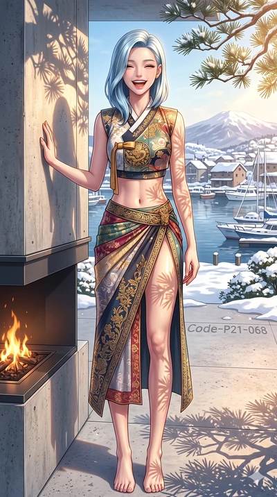 score_9, masterpiece, best quality, ultra-detailed, high-budget anime keyframe, vibrant anime aesthetic, Korean woman. cowboy shot from the thighs up, character and outfit filling the frame for maximum presence. She is posing with a delightful laugh,
