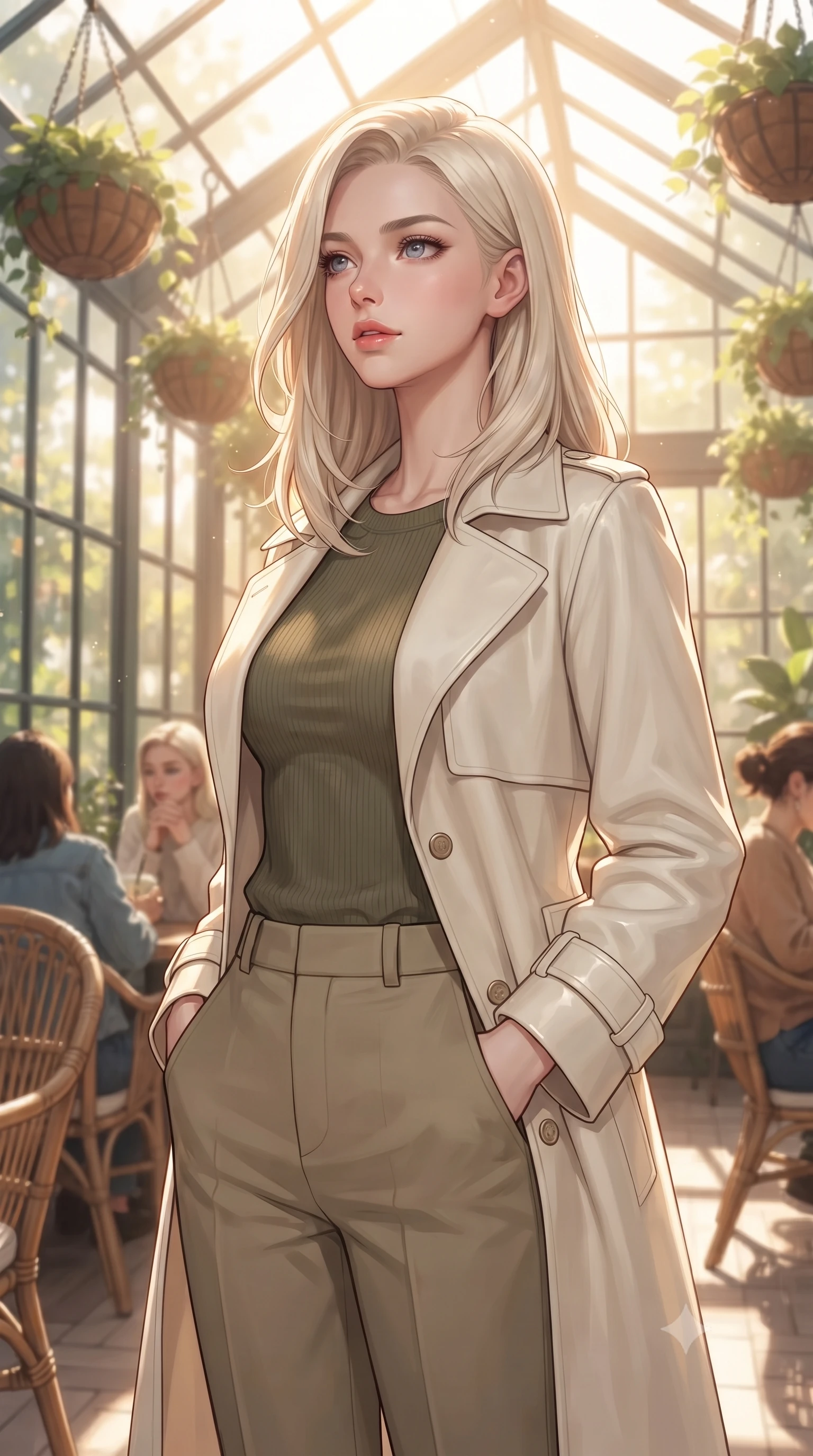 score_9, masterpiece, best quality, ultra-detailed, high-budget anime keyframe, editorial fashion photography, tasteful artistic composition, Caucasian woman woman. close-up cowboy shot from the waist and thighs up, the character dominates the composition, filling the frame with her large presence, background elements kept in soft focus. looking past the camera with a peaceful, thoughtful gaze, enjoying the warm sunlight the background shows a soft-focus a café situated inside a renovated glass greenhouse, with hanging plant baskets and rattan chairs. She has an exceptionally elegant, slender, and willowy female figure with an ultra-slim waist, a gracefully sculpted slender torso, and a refined silhouette. sharp v-shaped jawline, high-bridge nose, intricate jewel-like eyes with depth, thick eyelashes, glossy lips with a natural sheen. wearing a form-contouring lightweight cream utility coat over an olive green knit shirt and khaki slacks. bright afternoon sun rays illuminating the entire green space. ultra-reflective glossy finish, specular highlights, metallic sheen, high-contrast stereoscopic depth, volumetric dynamic lighting, 2k, ultra detail, master piece, 9:16 ratio