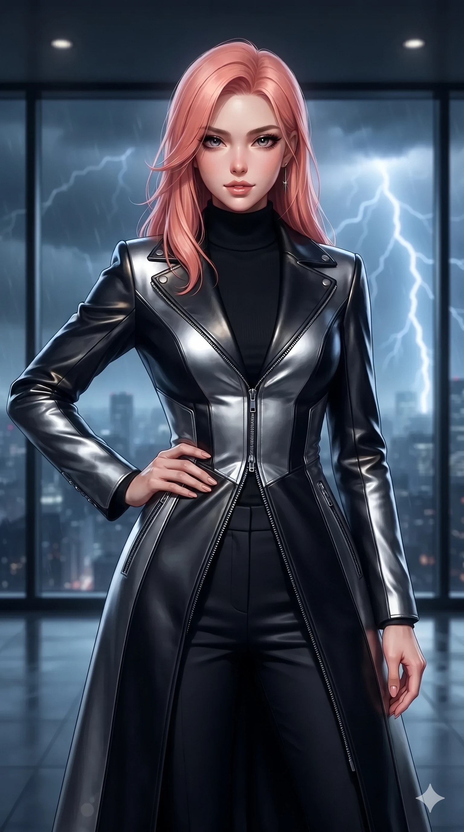 score_9, masterpiece, best quality, ultra-detailed, high-budget anime keyframe, editorial fashion photography, tasteful artistic composition, Japanese woman. close-up cowboy shot from the waist and thighs up, the character dominates the composition, filling the frame with her large presence. holding a confident power pose with one hand on her hip, looking into the lens with smoldering intensity while standing tall against the floor-to-ceiling panoramic glass as lightning flashes across the city horizon, arching her lower back with sovereign poise. The background shows a soft-focus high-altitude luxury glass penthouse softened in storm-swept metropolitan shallow focus. She has an exceptionally elegant, slender, and willowy female figure with an ultra-slim waist, flat toned midriff, narrow ribcage, and sculpted feminine hips creating an alluring, slim hourglass silhouette without bulk. sharp v-shaped jawline, high-bridge nose, intricate jewel-like dark sparkling eyes with hypnotic seductive depth, thick curled eyelashes, glossy parted lips with a natural wine sheen, alluring bedroom-eyes with an enigmatic smoldering smile, exuding magnetic sovereign charisma and dark avant-garde glamour, flawlessly proportioned anatomical accuracy, strict slender model proportions, natural body alignment, perfectly sculpted long slender limbs, ultra-slim waistline, clean dynamic posture without body distortion. wearing a structured dark leather long coat over a turtleneck and tailored slacks in metallic liquid silver and pitch black, tailored from soft dark satin with subtle light-absorbing depth, finished with metallic silver boning and sleek zipper points, accentuating her gracefully sculpted slender torso and statuesque proportions. illuminated by storm-lit exterior city bounce and sharp electric-sapphire rim lights defining her razor-sharp jawline, narrow waist, and curvy hips. ultra-reflective glossy finish, specular highlights, metallic sheen, high-contrast stereoscopic depth, volumetric dynamic lighting, 2k, ultra detail, master piece, 9:16 ratio