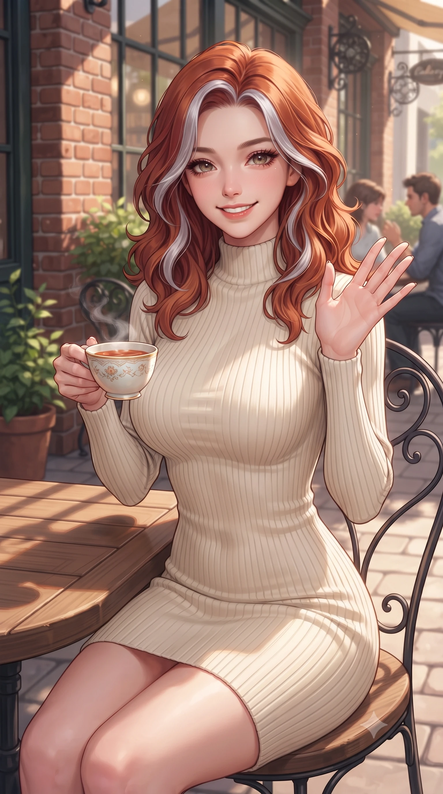 score_9, masterpiece, best quality, ultra-detailed, high-budget anime keyframe, editorial fashion photography, tasteful artistic composition, Caucasian woman. close-up cowboy shot from the waist and thighs up, the character dominates the composition, filling the frame with her large presence, background elements kept in soft focus. flashing a sweet, beaming smile while waving one hand gently toward the camera set against a soft-focus background of at a cozy outdoor terrace table of a brick-walled bakery cafe holding a delicate ceramic cup of herbal tea with steam rising gently. She has an exceptionally elegant, slender, and willowy female figure with an ultra-slim waist, a gracefully sculpted slender torso, and a refined silhouette. sharp v-shaped jawline, high-bridge nose, intricate jewel-like eyes with depth, thick eyelashes, glossy lips with a natural sheen. wearing form-contouring form-fitting ribbed knit dress in cream, contouring her slender silhouette. soft afternoon sunlight casting shadows of window panes on the wooden table. highly saturated vibrant anime colors, detailed shading with soft gradients, rich glossy textures, high-contrast stereoscopic depth, volumetric dynamic lighting, master piece, 9:16 ratio