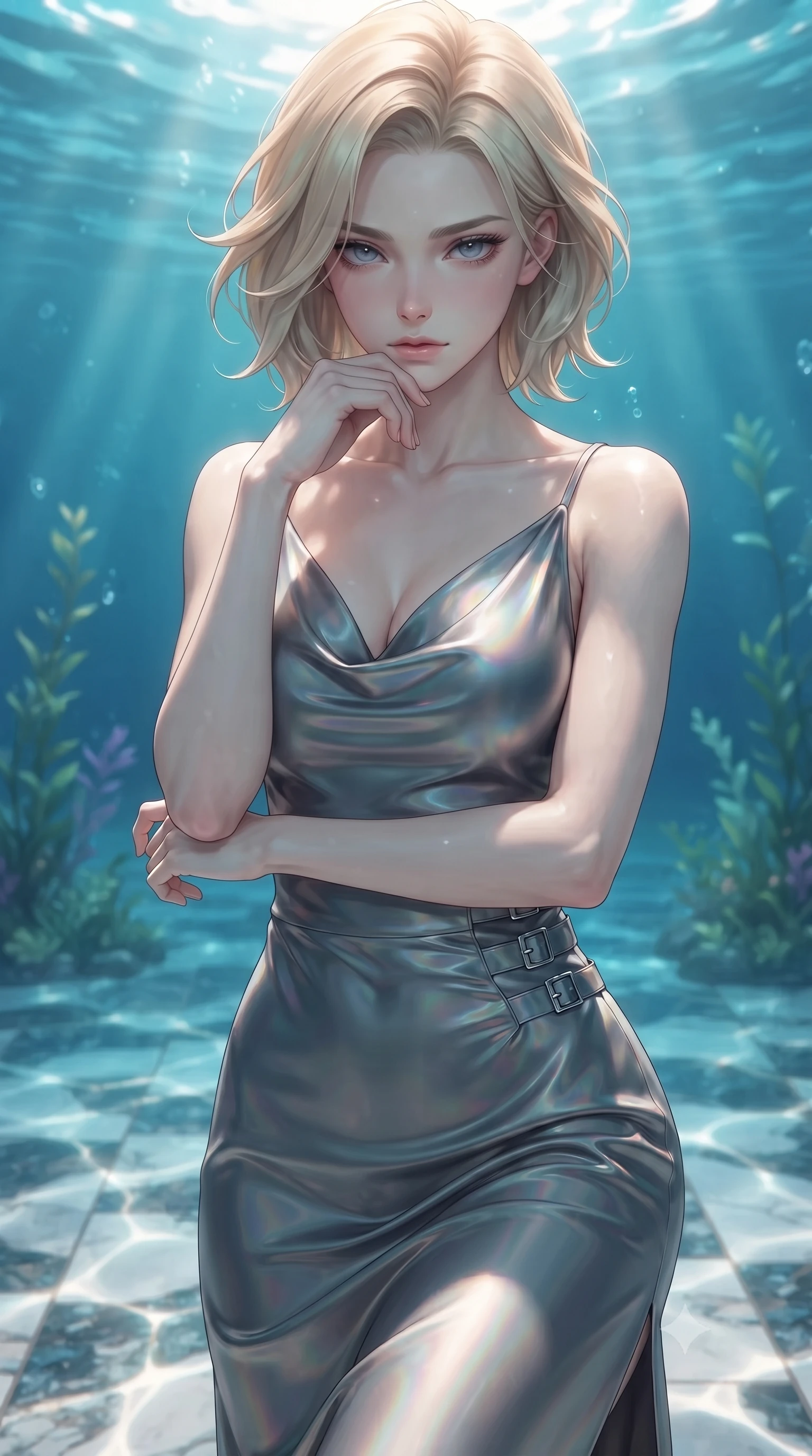 score_9, masterpiece, best quality, ultra-detailed, high-budget anime keyframe, editorial fashion photography, tasteful artistic composition, Caucasian woman. close-up cowboy shot from the waist and thighs up, the character dominates the composition, filling the frame with her large presence, background elements kept in soft focus. Resting her chin on the backs of her fingers, casting a sharp, mysterious gaze gliding over a mosaic marble floor illuminated by caustic water ripples, gentle ocean currents swaying her attire in fluid underwater motions. She has an exceptionally elegant, slender, and willowy female figure with an ultra-slim waist, a gracefully sculpted slender torso, and a refined silhouette. sharp v-shaped jawline, high-bridge nose, intricate jewel-like eyes with depth, thick eyelashes, glossy lips with a natural sheen. wearing an elegant cowl-neck satin midi dress with a draped neckline in charcoal grey and platinum, crafted from iridescent chiffon that shifts colors in the light, detailed with polished silver buckles along the waistline, the sleek second-skin texture accentuating her magnetic presence. lit by clear sun-drenched sea light with soft ethereal shadows. ultra-reflective glossy finish, specular highlights, metallic sheen, high-contrast stereoscopic depth, volumetric dynamic lighting, 2k, ultra detail, master piece, 9:16 ratio