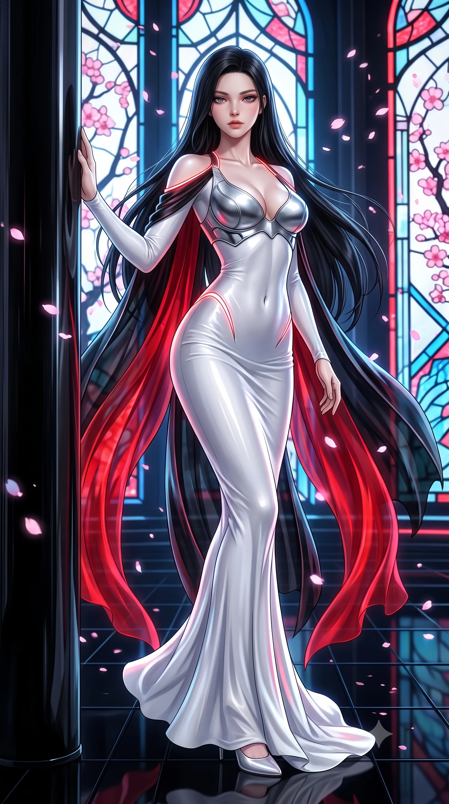 score_9, masterpiece, best quality, ultra-detailed, high-budget anime keyframe, semi-realistic 3D game render, editorial fashion photography, tasteful artistic composition, Korean woman. low angle full-body shot from head to toe showing her feet, filling the entire 9:16 vertical frame with her statuesque presence, stretching her vertical silhouette. pivoting dynamically in mid-motion with a breathtakingly alluring posture, displaying her flawless model proportions, toned flat midriff, and ultra-slim waist while leaning against a polished black lacquered pillar with an alluring, direct gaze amidst drifting digital blossom particles. The surrounding environment is rendered in vivid detail and crisp panoramic clarity. razor-sharp cybernetic stained-glass lead lines, distinct digital sakura petal pixels, and black glass floor in deep focus. She has an absolutely perfect, statuesque 8.5-heads proportion, an exceptionally tall and slender model-like female figure with impossibly long slender legs, a toned flat midriff, and an ultra-slim waist. sharp v-shaped jawline, high-bridge nose, intricate jewel-like eyes with depth, thick eyelashes, glossy lips with a natural sheen, flawlessly proportioned anatomical accuracy, strict slender model proportions, natural body alignment, perfectly sculpted long slender limbs, ultra-slim waistline, clean dynamic posture without body distortion. wearing a form-contouring white liquid-mercury gown with polished silver biomechanical breastplate and flowing luminescent chiffon cape in high-gloss obsidian black and burning laser crimson accents, made of liquid jersey fabric that clings flawlessly to every contour of her build, accented with glowing fiber-optic seams tracing her collarbones and hip curves, the liquid-tight tailored fabric emphasizing every curve of her tall, slender model proportions and sculptured silhouette during dynamic movement. illuminated by crisp white key light and sharp specular highlights tracing her sculpted silhouette. rich saturated anime colors with glowing neon highlights, detailed shading with soft gradients, rich glossy textures, high-contrast stereoscopic depth, volumetric dynamic lighting, master piece, 9:16 ratio