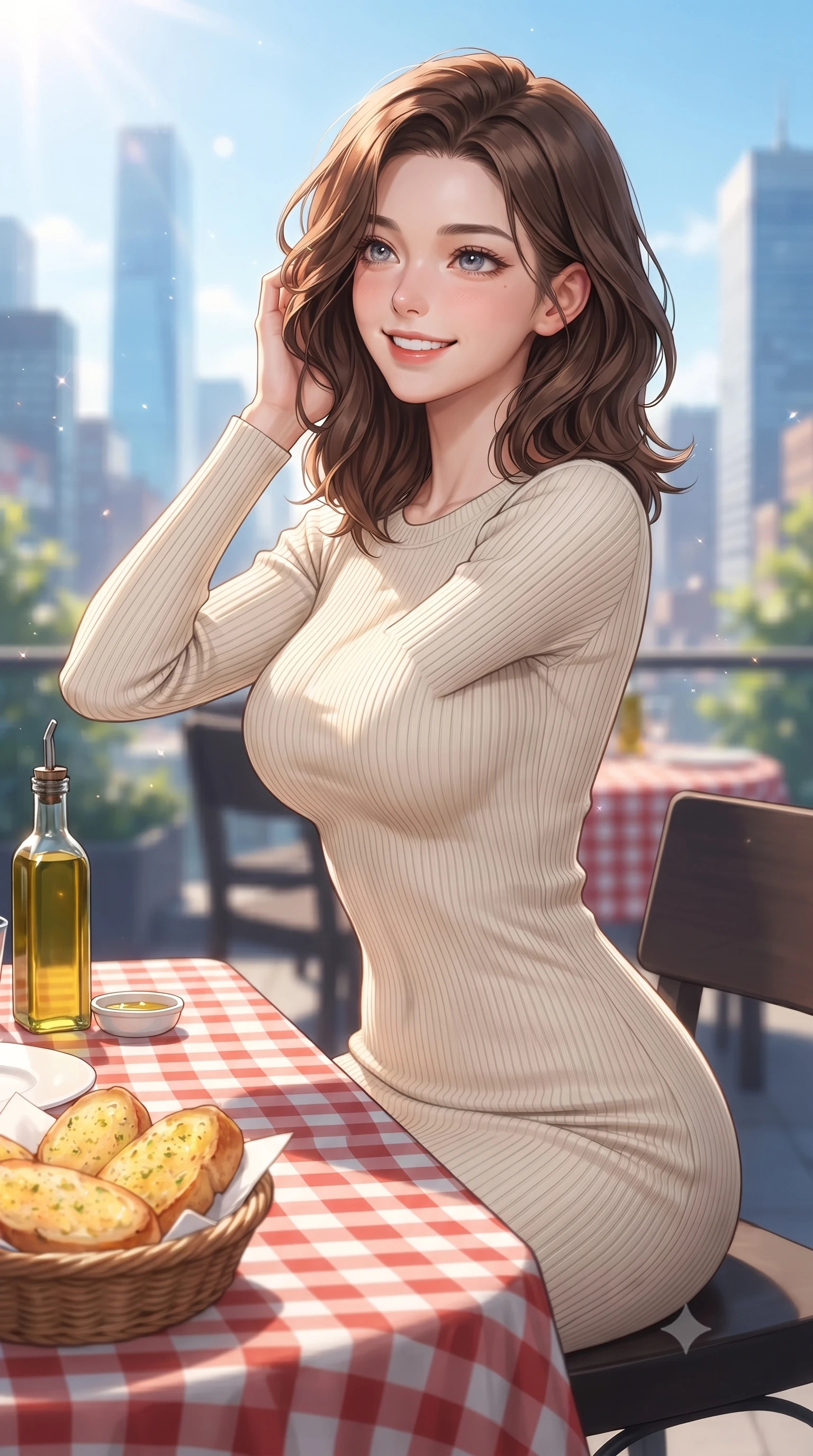 score_9, masterpiece, best quality, ultra-detailed, high-budget anime keyframe, editorial fashion photography, tasteful artistic composition, Korean woman. close-up cowboy shot from the waist and thighs up, the character dominates the composition, filling the frame with her large presence, background elements kept in soft focus. gazing past the camera with a happy, bright expression and a warm smile set against a soft-focus background of inside a modern rooftop restaurant overlooking a bright city skyline with a basket of warm garlic bread and olive oil on the checkered tablecloth. She has an exceptionally elegant, slender, and willowy female figure with an ultra-slim waist, a gracefully sculpted slender torso, and a refined silhouette. sharp v-shaped jawline, high-bridge nose, intricate jewel-like eyes with depth, thick eyelashes, glossy lips with a natural sheen. wearing body-hugging form-fitting ribbed knit dress in cream, contouring her slender silhouette. crisp morning sun rays creating a fresh and energetic breakfast atmosphere. ultra-reflective glossy finish, specular highlights, metallic sheen, high-contrast stereoscopic depth, volumetric dynamic lighting, 2k, ultra detail, master piece, 9:16 ratio