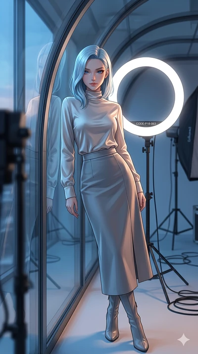 score_9, masterpiece, best quality, ultra-detailed, high-budget anime keyframe, editorial fashion photography, tasteful artistic composition, Korean woman. cowboy shot from the thighs up, character and outfit filling the frame for maximum editorial p