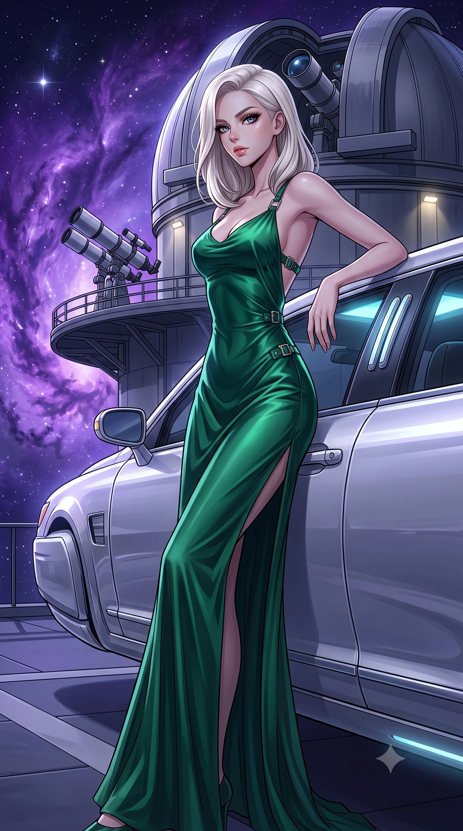 score_9, masterpiece, best quality, ultra-detailed, High-budget Anime Keyframe, Caucasian woman, strictly human ears. Dynamic full-body shot stretching the vertical silhouette to the limit. Scenario 441: leaning against a sleek white hover-limousine by a high-altitude observatory dome under a swirling violet nebula. Her presence is magnetic and overpowering in this high-budget anime scene. Outfit 441: a tailored emerald green liquid silk slip dress with a dramatic backless design and metallic buckles. The clothing is designed to emphasize her exceptionally tall and slender 8-heads proportion. 8-heads proportion, towering silhouette, ultra-slim waist. sharp v-shaped jawline, intricate jewel-like eyes with depth, thick eyelashes, glossy lips. 2k, ultra detail, master piece, 9:16 ratio