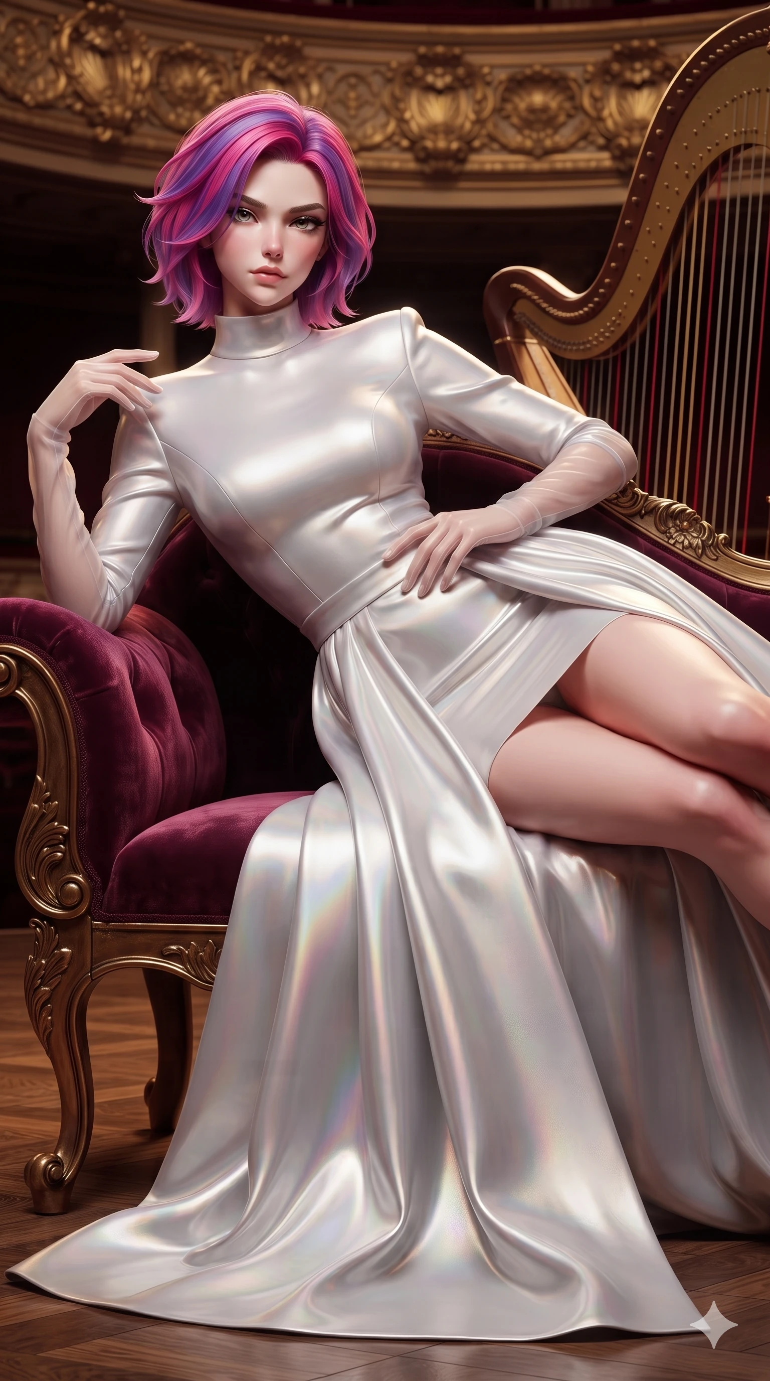 score_9, masterpiece, best quality, ultra-detailed, high-budget anime keyframe, semi-realistic 3D game render, editorial fashion photography, tasteful artistic composition, Caucasian woman. close-up cowboy shot from the waist and thighs up, the character dominates the composition, filling the frame with her large presence. tilting her chin up with proud, sovereign allure while gazing through thick eyelashes, one hand resting on her waist in pure supermodel charisma while lounging gracefully across the velvet opera bench propped on one elbow with legs extended, displaying her long slender limbs and statuesque hourglass silhouette. The surrounding environment is rendered in vivid detail and crisp panoramic clarity: sharp carved proscenium gold leaf scrollwork, mirror-sheen lacquered stage floor grain, and taut golden harp strings in deep focus. She has an exceptionally elegant, slender, and willowy female figure with an ultra-slim waist, flat toned midriff, narrow ribcage, and sculpted feminine hips creating an alluring, slim hourglass silhouette without bulk. sharp v-shaped jawline, high-bridge nose, intricate jewel-like eyes with depth, thick eyelashes, glossy parted lips with a natural sheen, intensely captivating and seductive bedroom-eyes expression, flawlessly proportioned anatomical accuracy, strict slender model proportions, natural body alignment, perfectly sculpted long slender limbs, ultra-slim waistline, clean dynamic posture without body distortion. wearing a high-neck long-sleeve evening gown in structured silk mikado with a regal floor-sweeping A-line skirt in iridescent mother-of-pearl and liquid molten silver, tailored from heavy Italian silk mikado with an architectural structured drape, complemented by sheer opera-length evening gloves tracing her slender arms, the impeccably tailored cut draping gracefully along her slender figure with aristocratic poise. highly saturated vibrant anime colors, dramatic stage rim lights sculpting her razor-sharp jawline and feminine curves. highly saturated vibrant anime colors, detailed shading with soft gradients, rich glossy textures, high-contrast stereoscopic depth, volumetric dynamic lighting, master piece, 9:16 ratio