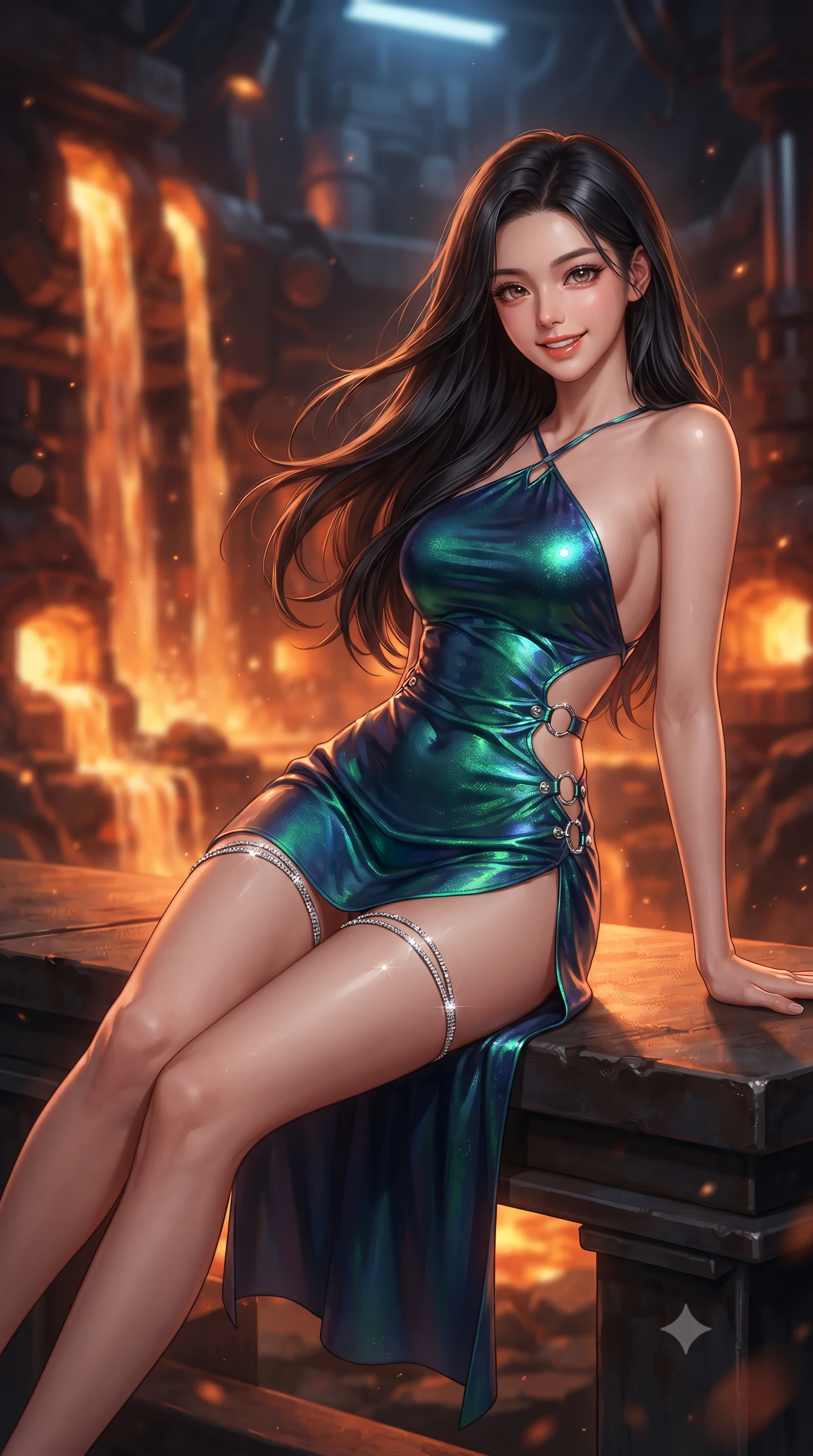 score_9, masterpiece, best quality, ultra-detailed, high-budget anime keyframe, editorial fashion photography, tasteful artistic composition, Korean woman. close-up cowboy shot from the waist and thighs up, the character dominates the composition, filling the frame with her large presence. turning slowly with an enchanting smoldering smile, her glossy hair tossing in the breeze as her hips angle gracefully in a captivating contrapposto while lounging gracefully across the industrial steel foreman bench propped on one elbow with legs extended, displaying her long slender limbs and statuesque hourglass silhouette against the fiery subterranean abyss. The background shows a soft-focus cascading waterfalls of molten liquid slag, glowing orange forge furnaces, and massive hydraulic piston exhausts blurred into amber, copper, and ruby bokeh. She has an exceptionally elegant, slender, and willowy female figure with an ultra-slim waist, flat toned midriff, narrow ribcage, and sculpted feminine hips creating an alluring, slim hourglass silhouette without bulk. sharp v-shaped jawline, high-bridge nose, intricate jewel-like sparkling eyes with depth, thick eyelashes, glossy parted lips with a natural peach sheen, bright cheerful beaming smile with an enchanting and coquettish sensual glint, exuding both youthful cute charm and seductive allure, flawlessly proportioned anatomical accuracy, strict slender model proportions, natural body alignment, perfectly sculpted long slender limbs, ultra-slim waistline, clean dynamic posture without body distortion. wearing a backless liquid foil flight mini dress with criss-cross spinal straps and daring high side slit in bioluminescent emerald and abyssal sapphire, adorned with delicate chrome ring hardware and cutouts along her slender waist, finished with delicate crystal-encrusted thigh garter straps glinting in the dim light, the second-skin tailored fabric adhering flawlessly to her sculpted flat midriff and slender torso, emphasizing her long leg lines and perfectly proportioned willowy build. bathed in the intense warm 2000K radiant glow of molten titanium rivers contrasted with cool overhead blue safety strobes. ultra-reflective glossy finish, specular highlights, rich textural contrasts, high-contrast stereoscopic depth, volumetric dynamic lighting, 2k, ultra detail, master piece, 9:16 ratio