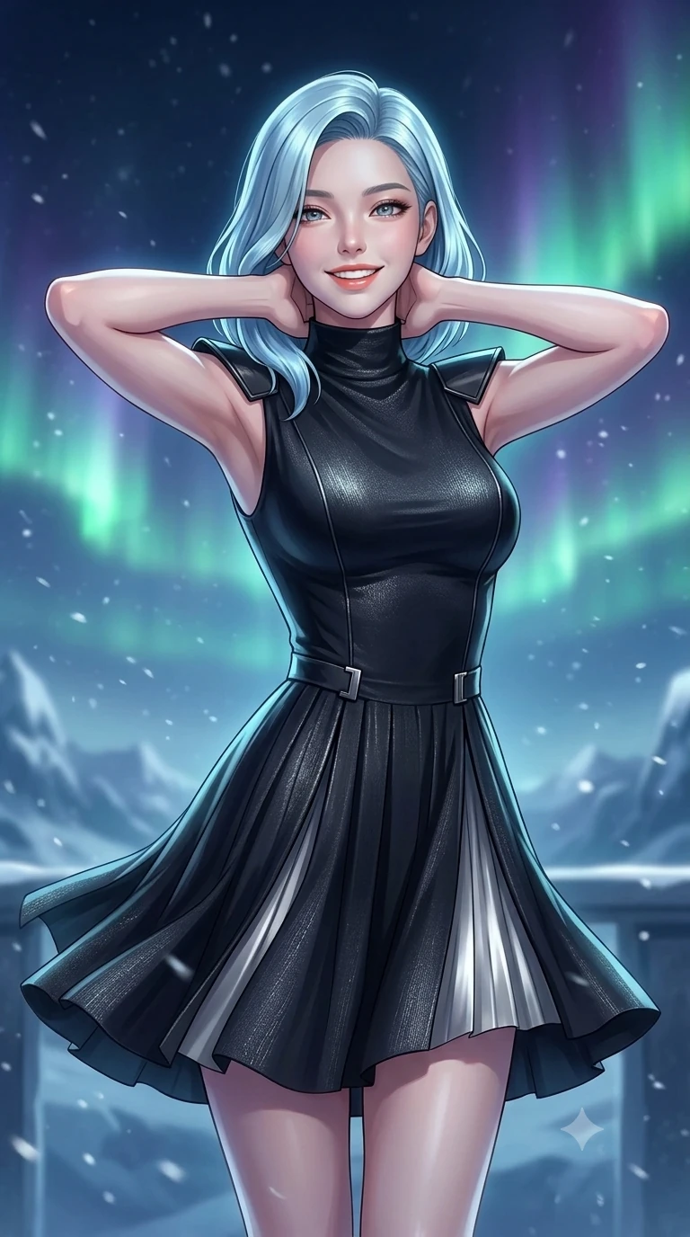 score_9, masterpiece, best quality, ultra-detailed, high-budget anime keyframe, semi-realistic 3D game render, editorial fashion photography, tasteful artistic composition, Korean woman. close-up cowboy shot from the waist and thighs up, the character dominates the composition, filling the frame with her large presence. resting both hands lightly behind her neck with elbows raised, arching her spine to highlight her narrow waist, flat midriff, and breathtaking collarbones while twisting her slender torso in an alluring S-curve, celestial green and violet auroral waves playing across her flat midriff and hourglass curves. The background shows a soft-focus fine wind-borne ice dust motes softened in high-altitude glacial balcony shallow focus. She has an exceptionally elegant, slender, and willowy female figure with an ultra-slim waist, flat toned midriff, narrow ribcage, and sculpted feminine hips creating an alluring, slim hourglass silhouette without bulk. sharp v-shaped jawline, high-bridge nose, intricate jewel-like sparkling eyes with depth, thick eyelashes, glossy parted lips with a natural peach sheen, bright cheerful beaming smile with an enchanting and coquettish sensual glint, exuding both youthful cute charm and seductive allure, flawlessly proportioned anatomical accuracy, strict slender model proportions, natural body alignment, perfectly sculpted long slender limbs, ultra-slim waistline, clean dynamic posture without body distortion. wearing an elegant high-neck silk georgette diplomatic gown with structured geometric shoulder plates and pleated A-line skirt in deep obsidian black and liquid molten platinum, tailored from high-density tech-wool with subtle metallic thread weave, finished with sleek magnetic buckle closures fluttering in the breeze, the impeccably tailored cut draping gracefully along her slender figure with aristocratic poise. bathed in the natural undulating luminescence of polar auroras mixed with cool opera stage uplighting. highly saturated vibrant anime colors, detailed shading with soft gradients, rich glossy textures, high-contrast stereoscopic depth, volumetric dynamic lighting, master piece, 9:16 ratio