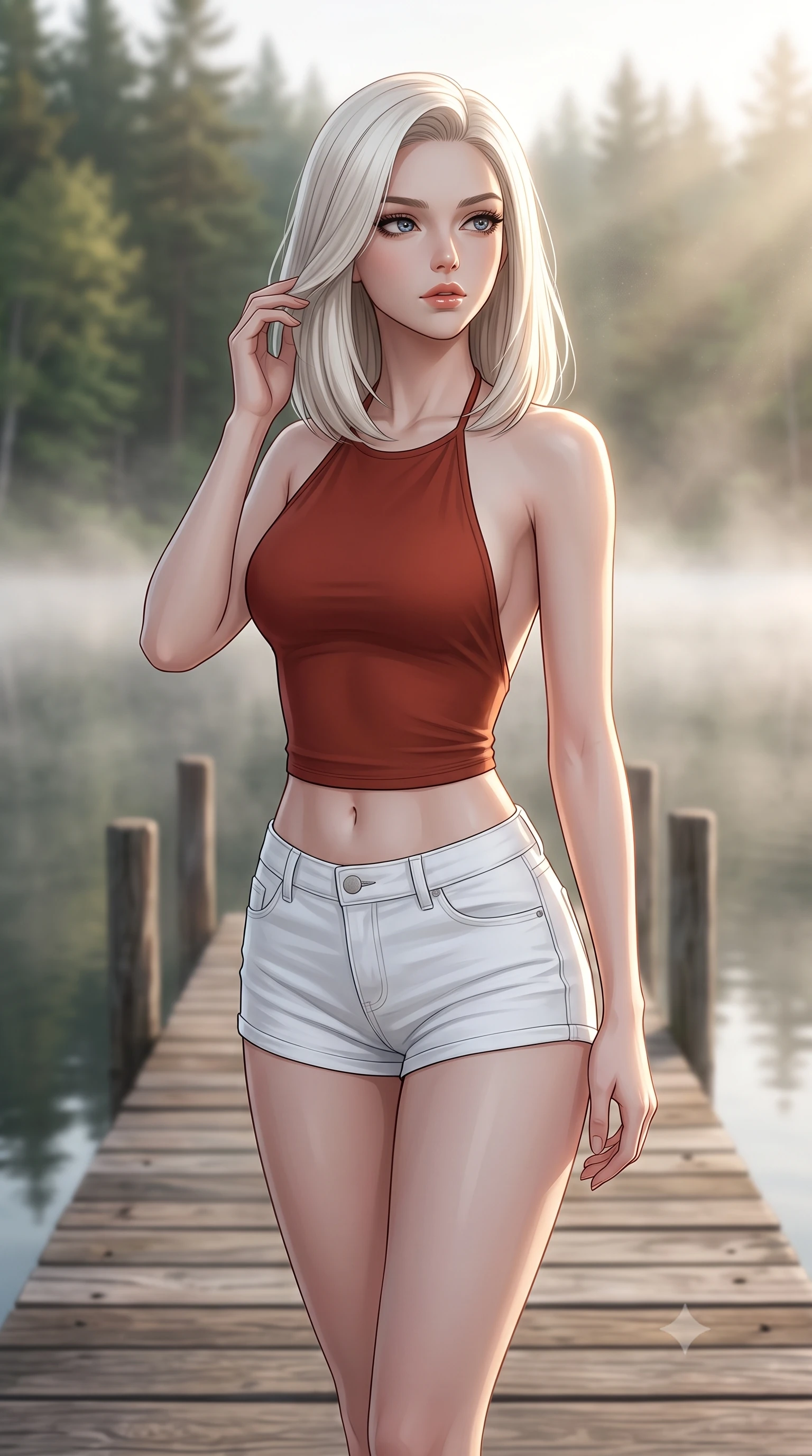 score_9, masterpiece, best quality, ultra-detailed, high-budget anime keyframe, editorial fashion photography, tasteful artistic composition, Caucasian woman woman. close-up cowboy shot from the waist and thighs up, the character dominates the composition, filling the frame with her large presence, background elements kept in soft focus. looking past the camera with a peaceful, thoughtful gaze, enjoying the warm sunlight the background shows a soft-focus a wooden dock on a calm forest lake shrouded in soft morning mist. She has an exceptionally elegant, slender, and willowy female figure with an ultra-slim waist, a gracefully sculpted slender torso, and a refined silhouette. sharp v-shaped jawline, high-bridge nose, intricate jewel-like eyes with depth, thick eyelashes, glossy lips with a natural sheen. wearing a form-contouring backless halter top in terracotta red, paired with white denim micro-shorts. soft morning sunrays breaking through the lake fog, creating a dreamy glow. 2k, ultra detail, master piece, 9:16 ratio