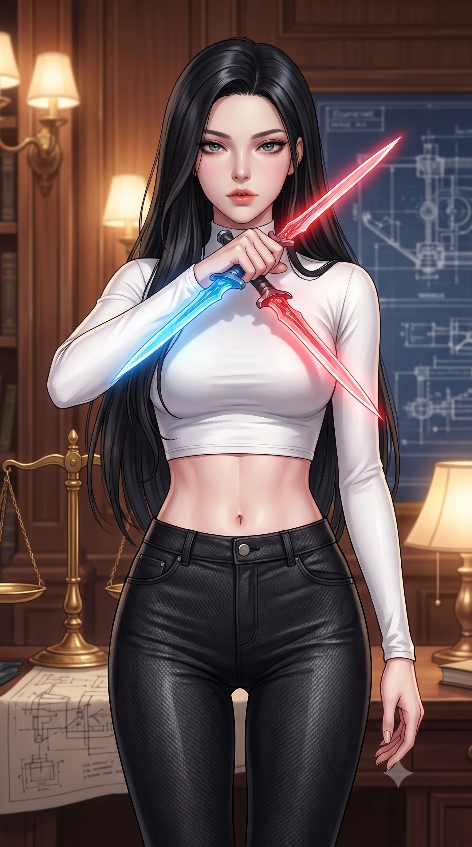 score_9, masterpiece, best quality, ultra-detailed, high-budget anime keyframe, editorial fashion photography, tasteful artistic composition, Korean woman. close-up cowboy shot from the waist and thighs up, the character dominates the composition, filling the frame with her large presence, background elements kept in soft focus. holding two energy daggers crossed in front of her elegant collarbone, casting a heavy-lidded, sultry look, the background shows a soft-focus a foundry library room with wood panels, brass scales, and technical blue prints. She has an exceptionally elegant, slender, and willowy female figure with an ultra-slim waist, a gracefully sculpted slender torso, and a refined silhouette. sharp v-shaped jawline, high-bridge nose, intricate jewel-like eyes with depth, thick eyelashes, glossy lips with a natural sheen. wearing a form-contouring body-hugging long-sleeve tactical crop top in pure white, paired with high-waisted black carbon-weave skinny pants. soft warm glow from reading lamps creating a quiet and meditative mood. highly saturated vibrant anime colors, detailed shading with soft gradients, rich glossy textures, high-contrast stereoscopic depth, volumetric dynamic lighting, master piece, 9:16 ratio